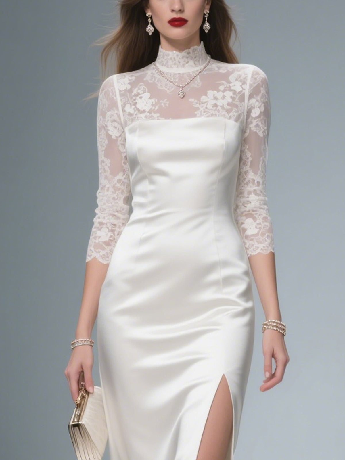 Ivory Satin Floral Lace High Neck 3/4 Sleeve Maxi Dress