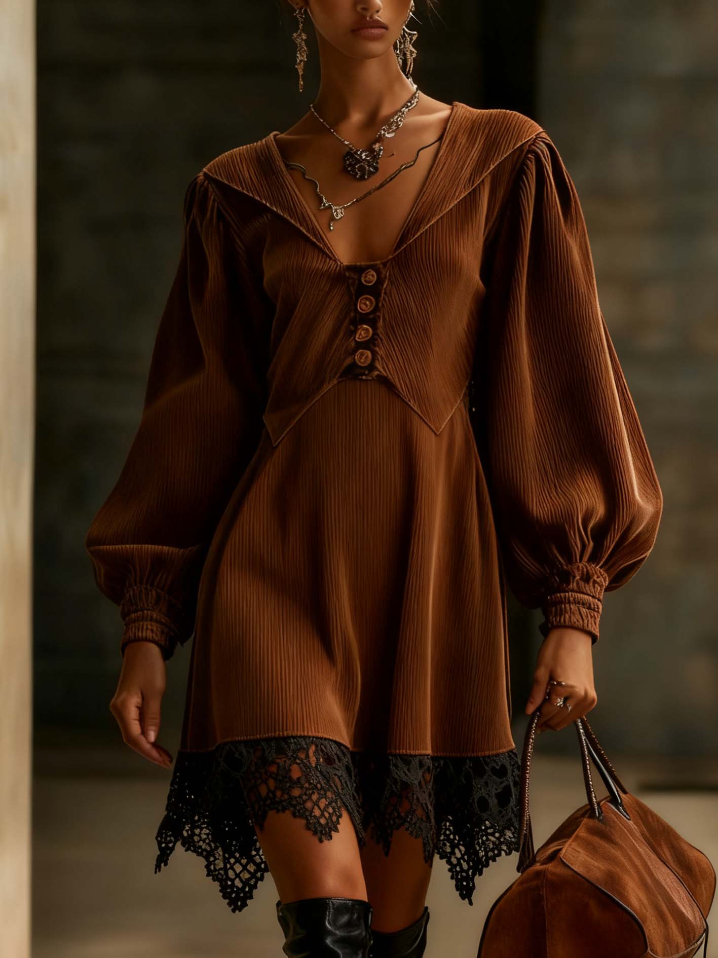 Brown Corduroy Mini Dress With Lace
