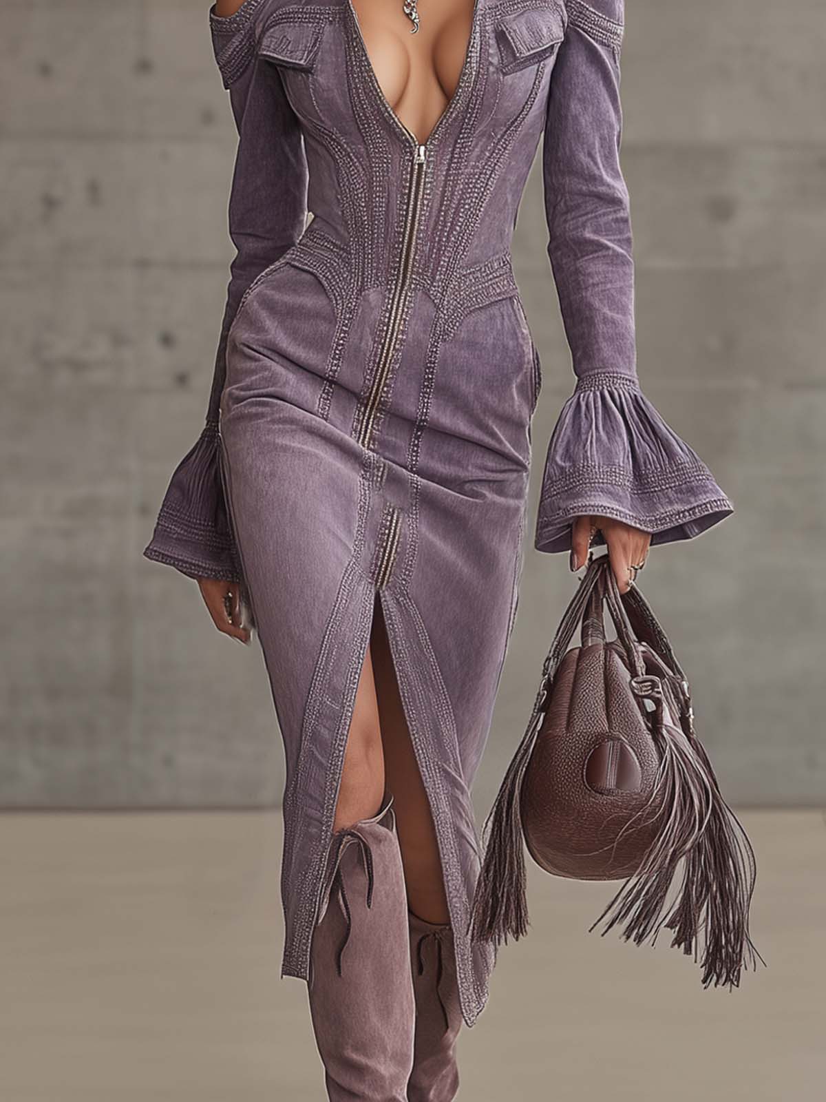 Light Purple Denim Cutout Flared Sleeve Zipper Slit Midi Dress