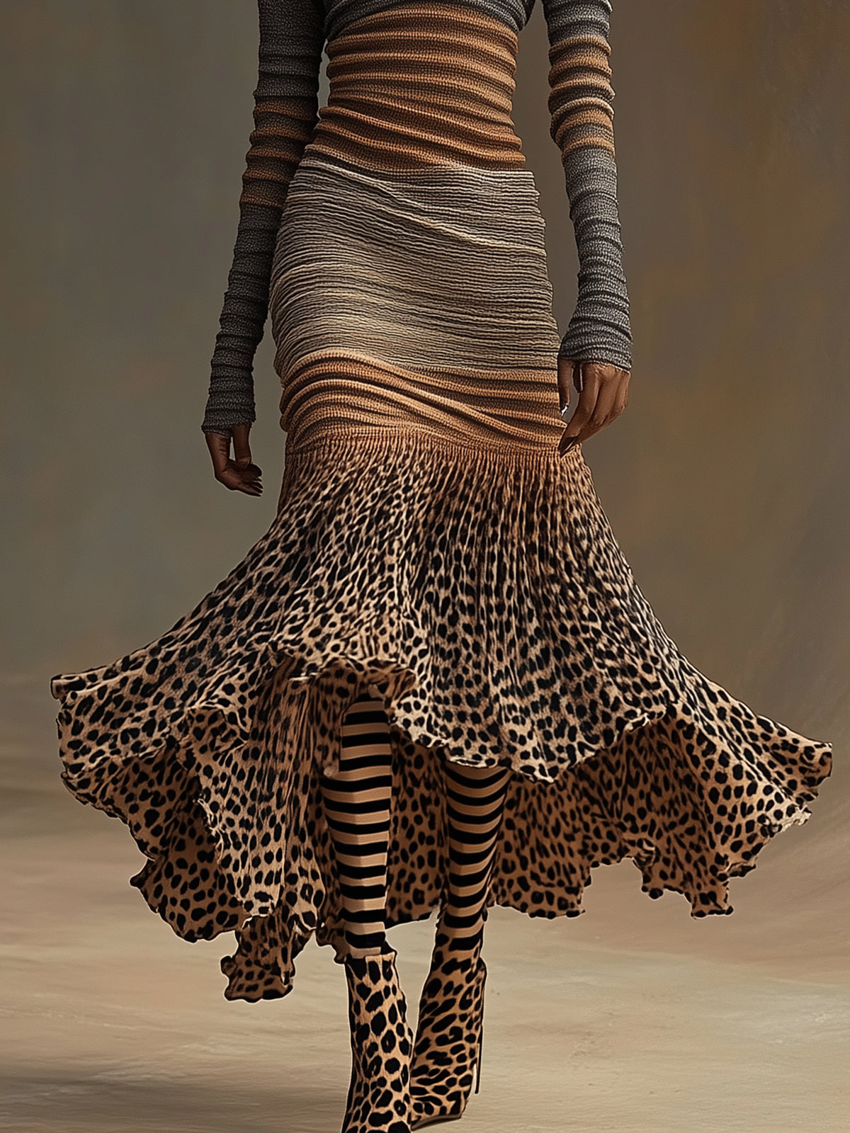Ombre Striped Ribbed Knit Dress With Leopard Print Flared Hem