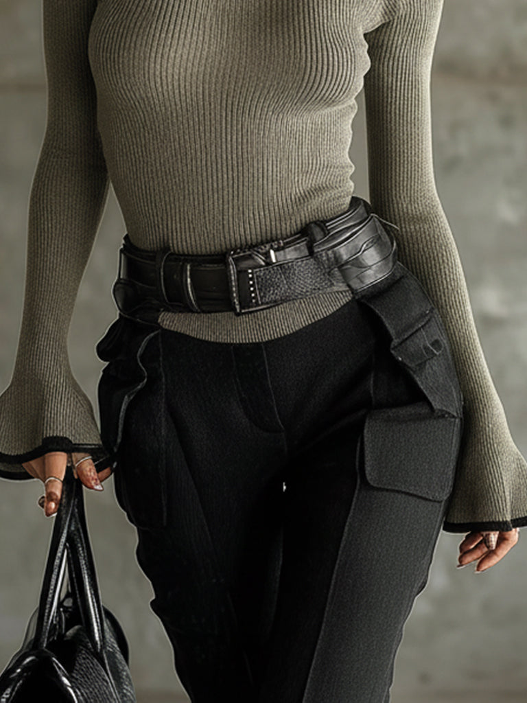 Sage Green Ribbed Turtleneck Flare Sleeve Top