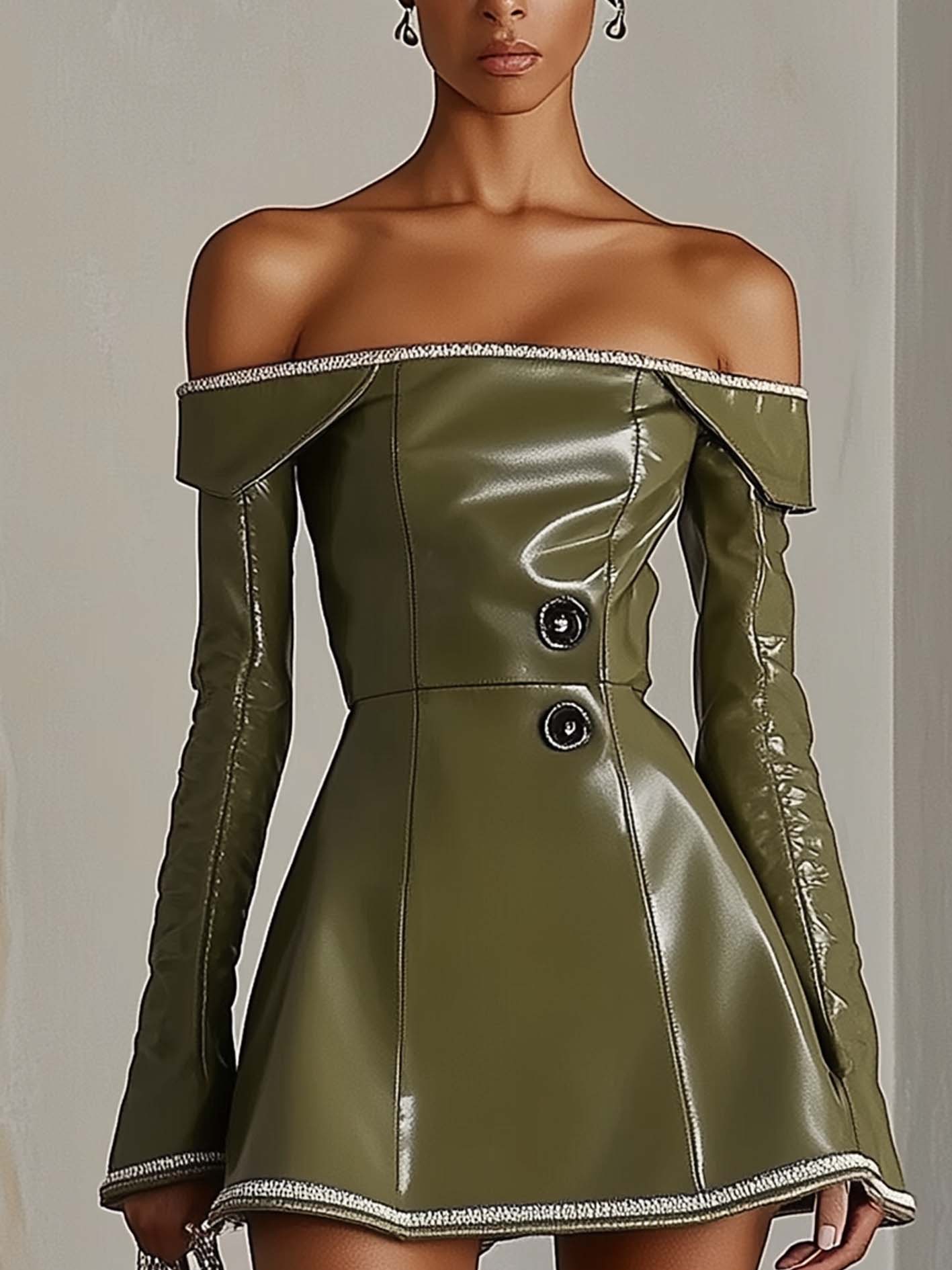 Off Shoulder Olive Green Faux Leather Mini Dress With Silver Ribbon