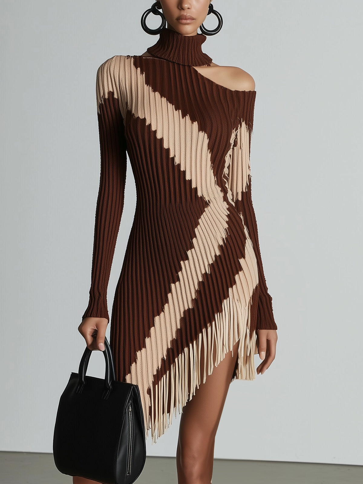 Asymmetric Ribbed Knit Dress With Fringe And Cutout Detail