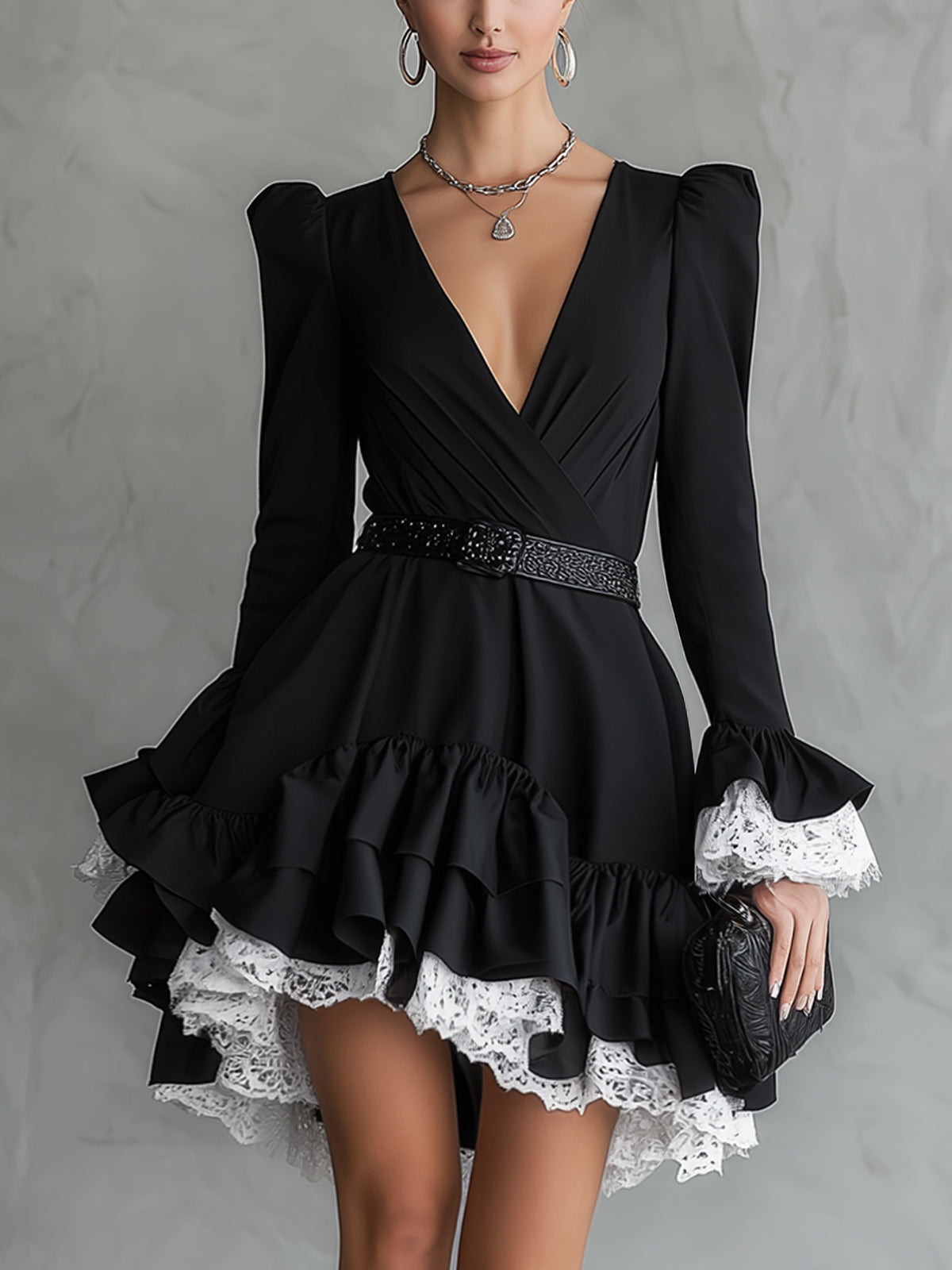 Black Ruffle Lace-Trim V-Neck Mini Dress With Belt
