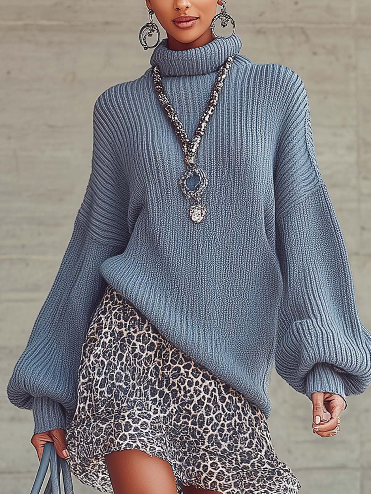 Blue Knitted Leopard Print High-neck Lantern Sleeve Mini Dress