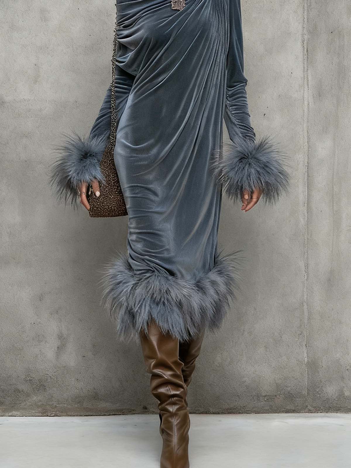 Blue Grey Velvet Off Shoulder Ruched Faux Fur Midi Dress