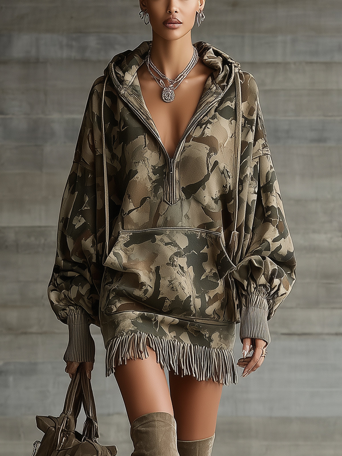 Camouflage Hooded Mini Sweatshirt Dress With Fringe Hem Detail