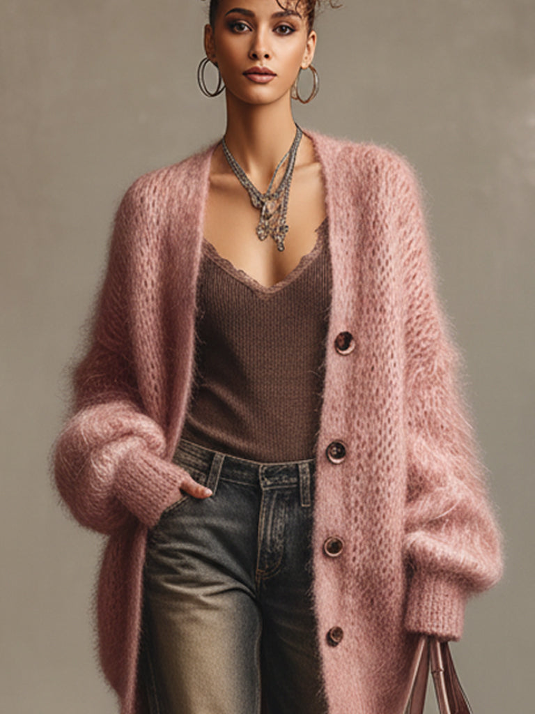 Blush Mohair Knit Long Sleeve Cardigan