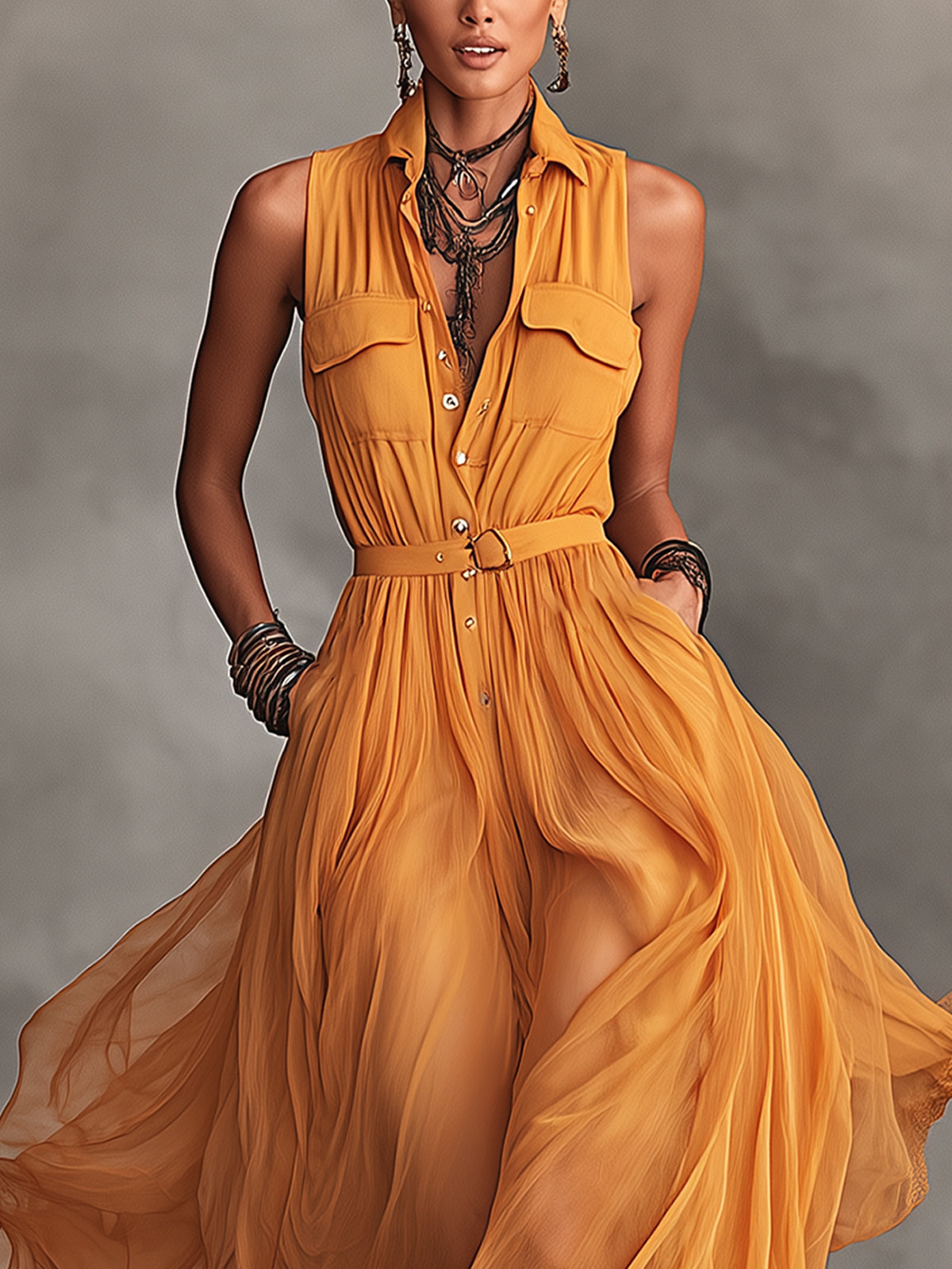Orange Button-Down Belted Chiffon Maxi Dress