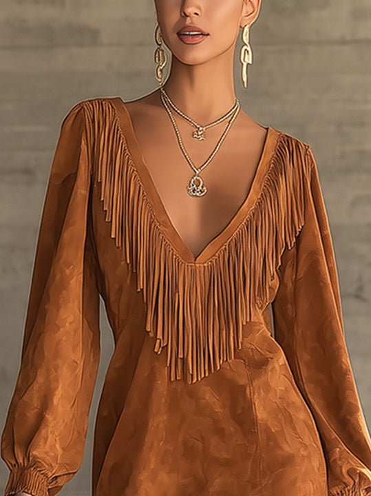 Caramel Faux Suede Mini Dress With Fringe Detail And Deep V-Neck