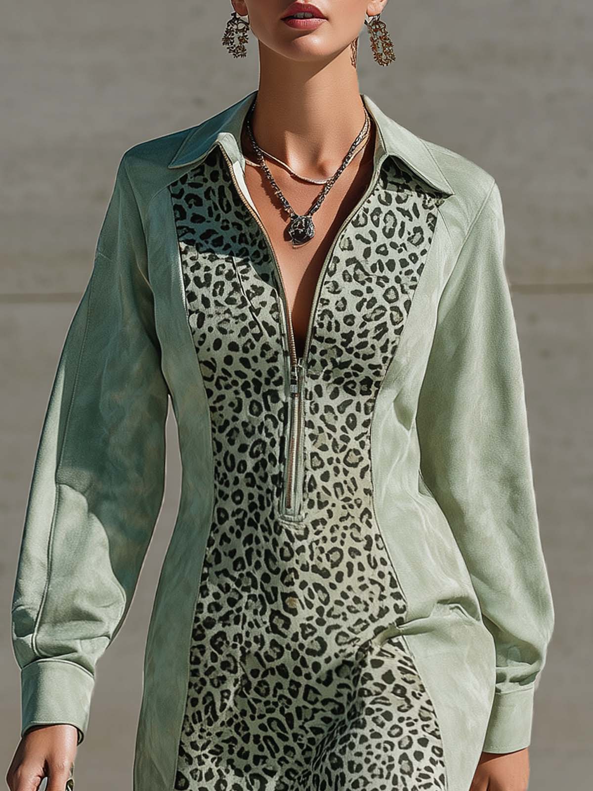 Mint Green Faux Suede Leopard Print Stand Collar Zip-up Mini Dress