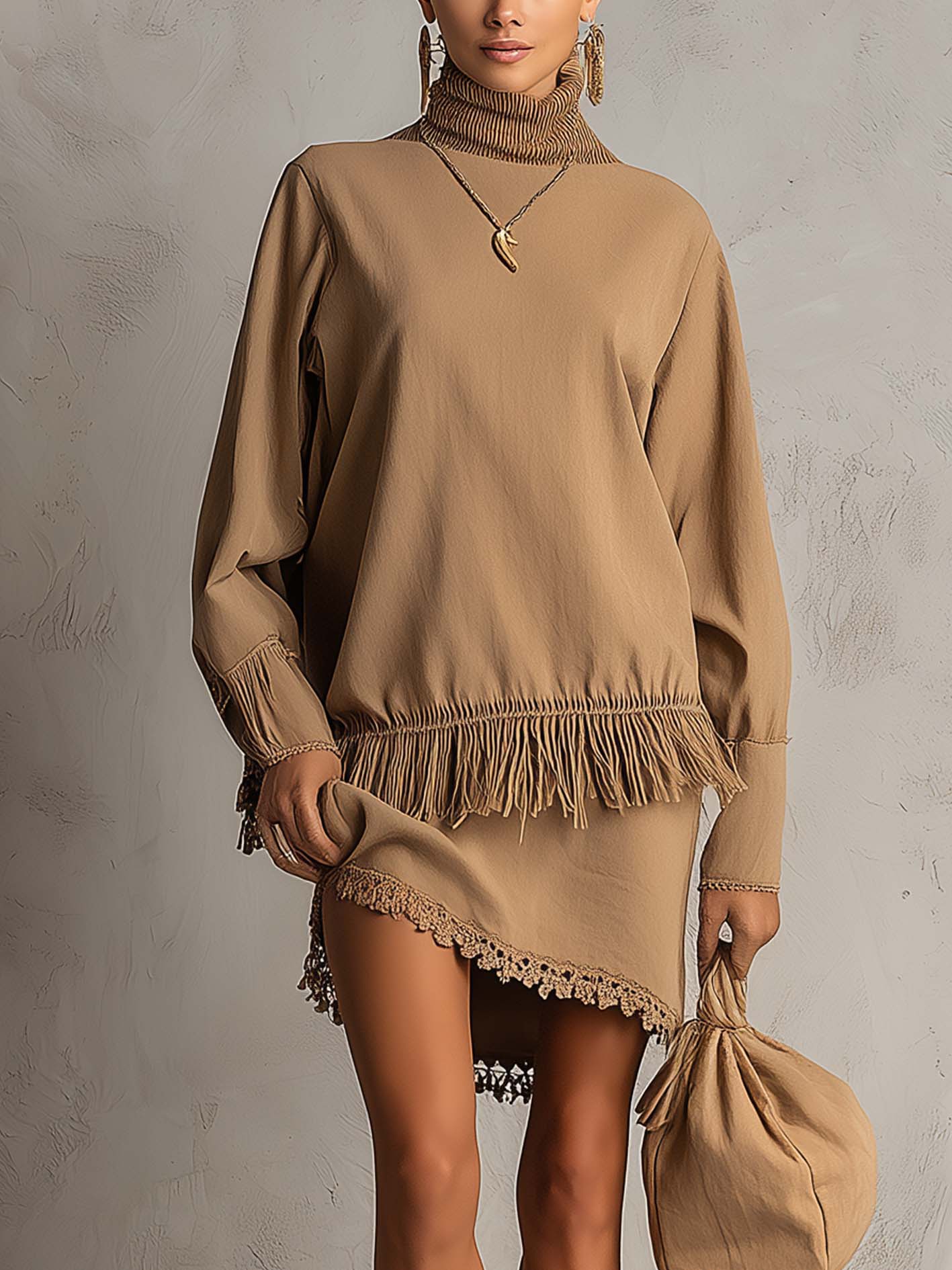 Beige Washed Cotton High Neck Mini Dress With Fringe Patchwork Hem