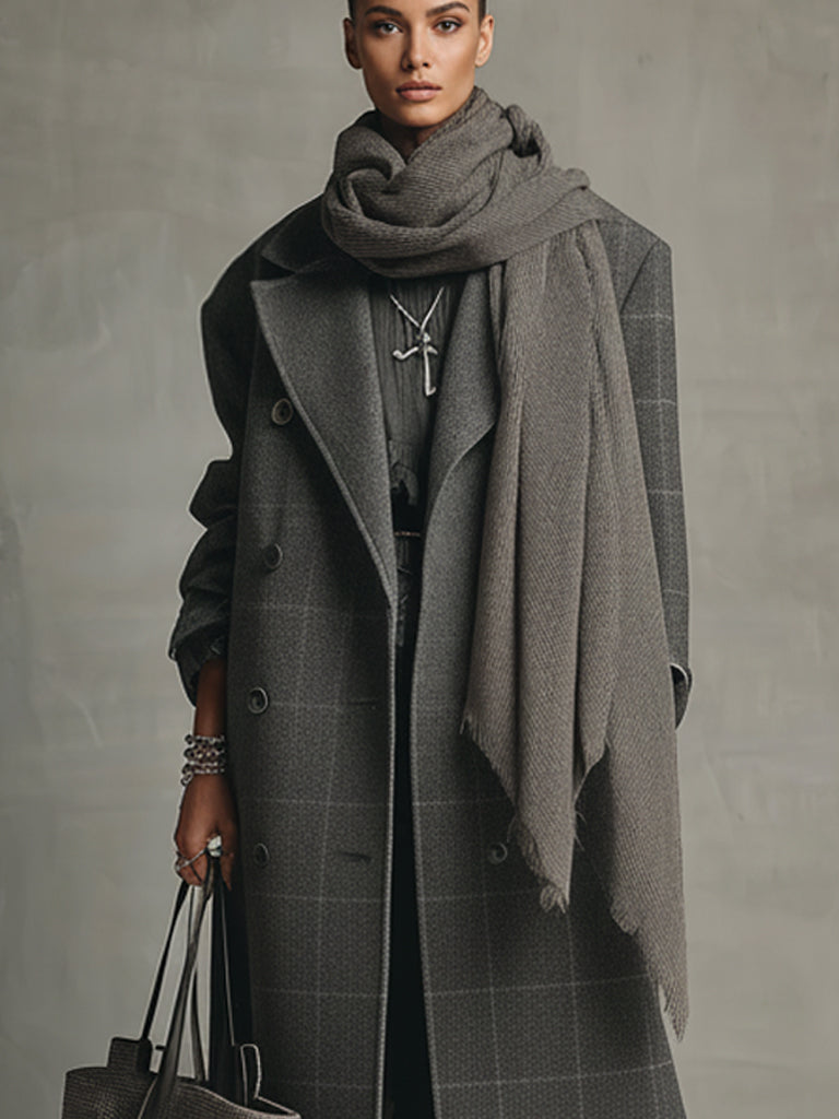Charcoal Gray Check Double Breasted Wool Blend Coat