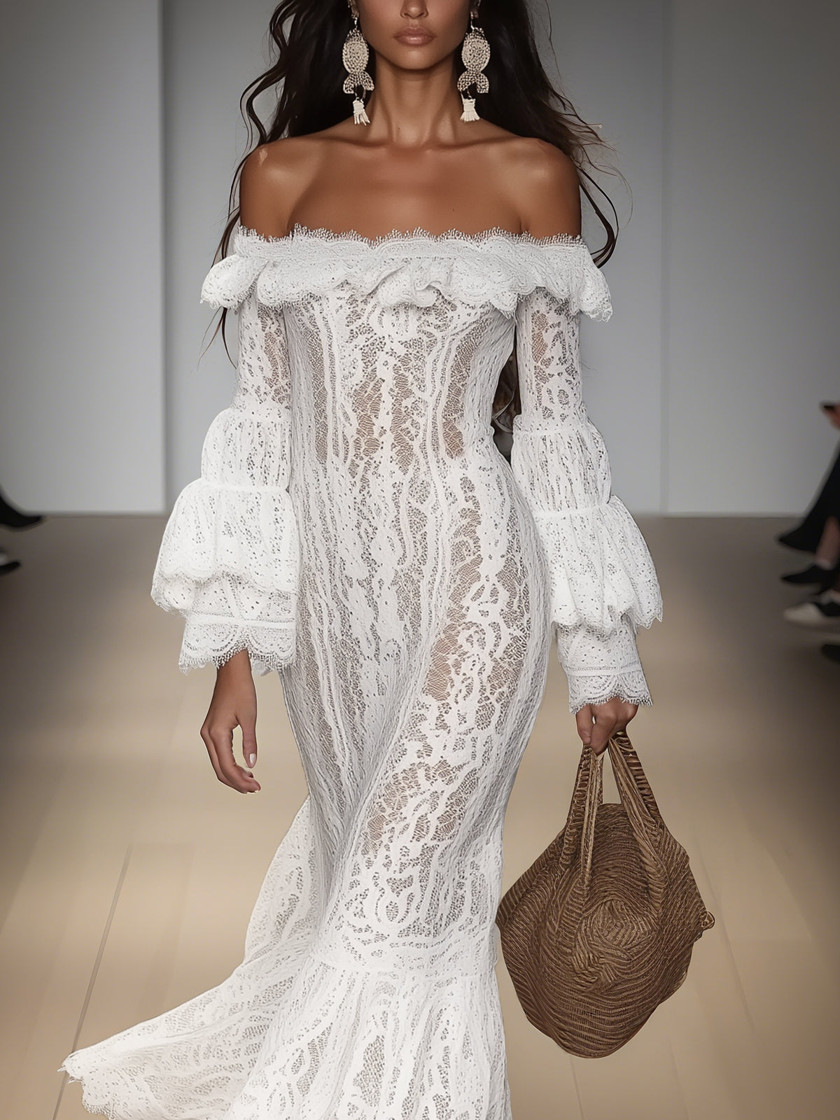 White Lace Ruffled Off Shoulder Floor Length Dress