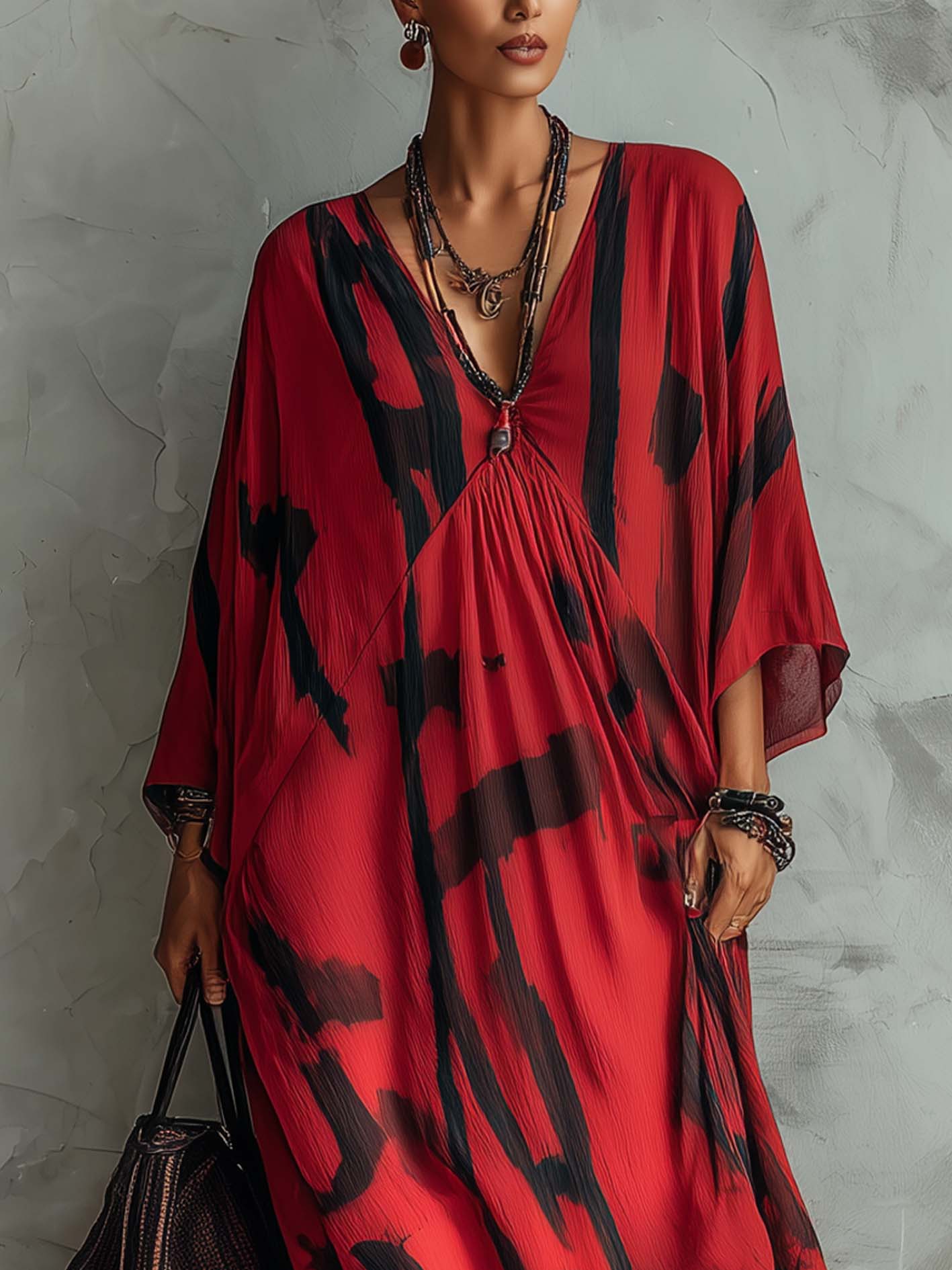 Red Abstract Black Tie-Dye Chiffon Maxi Dress
