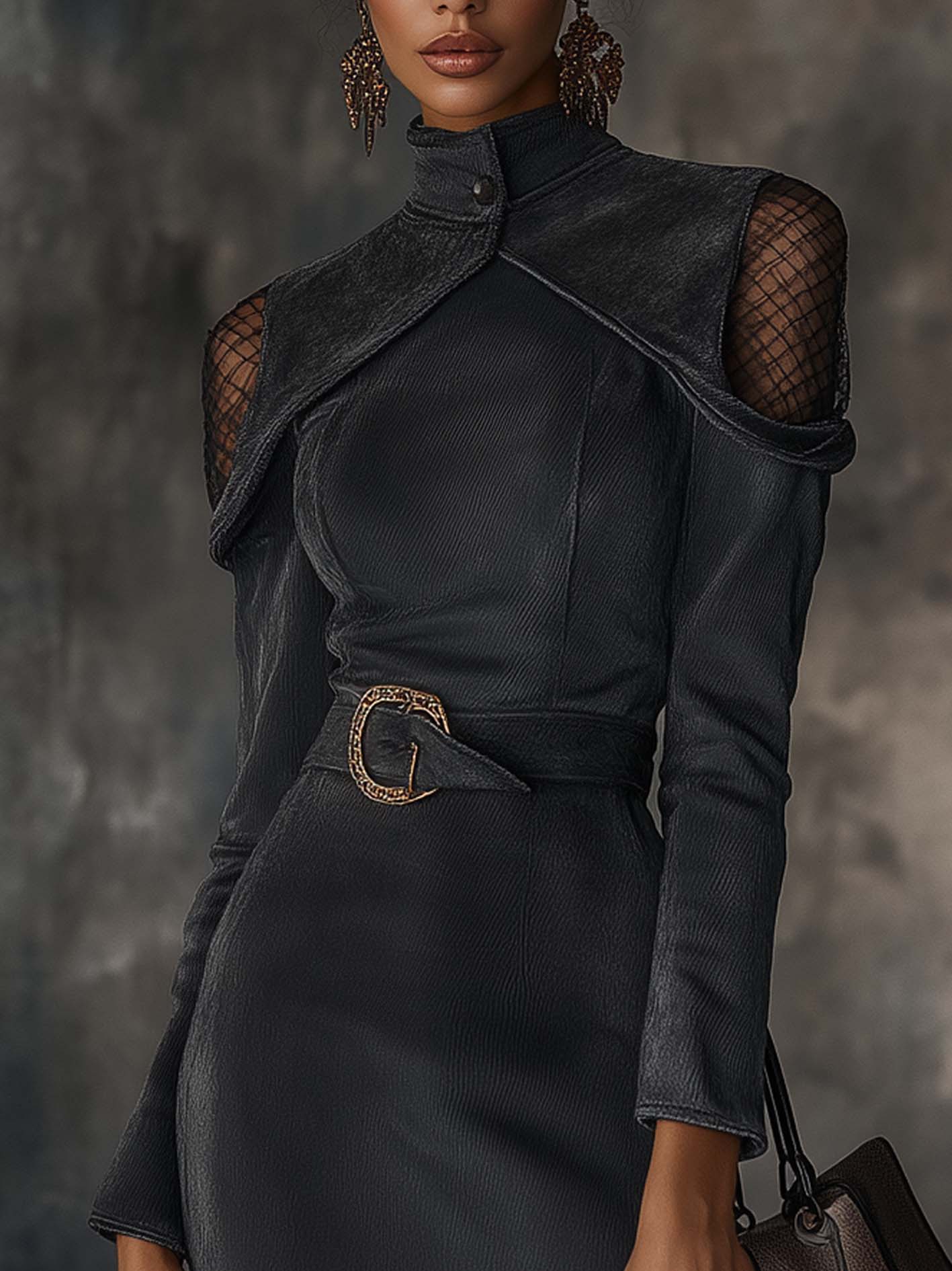 Gray Vintage Faux Suede Mini Dress With Mesh And Belt