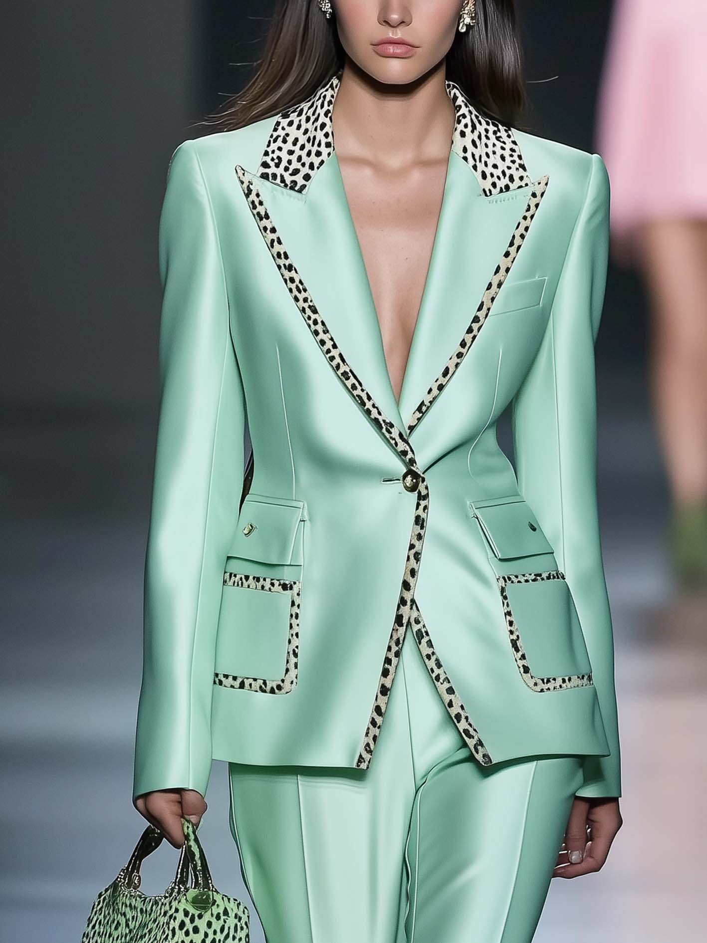 Mint Green Satin Blazer With Leopard Print Trim