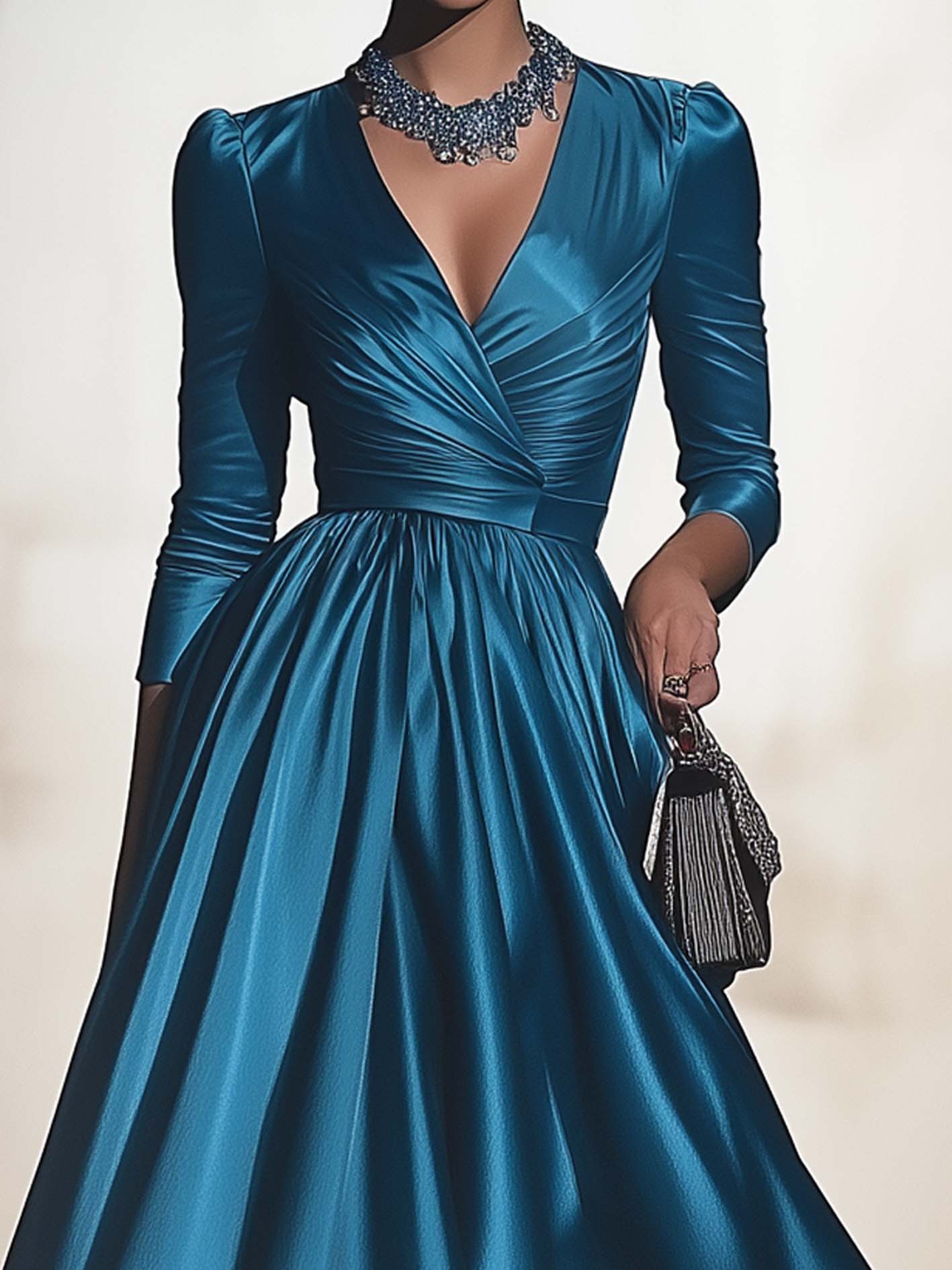 Elegant Cyan Satin V-neck Maxi Dress
