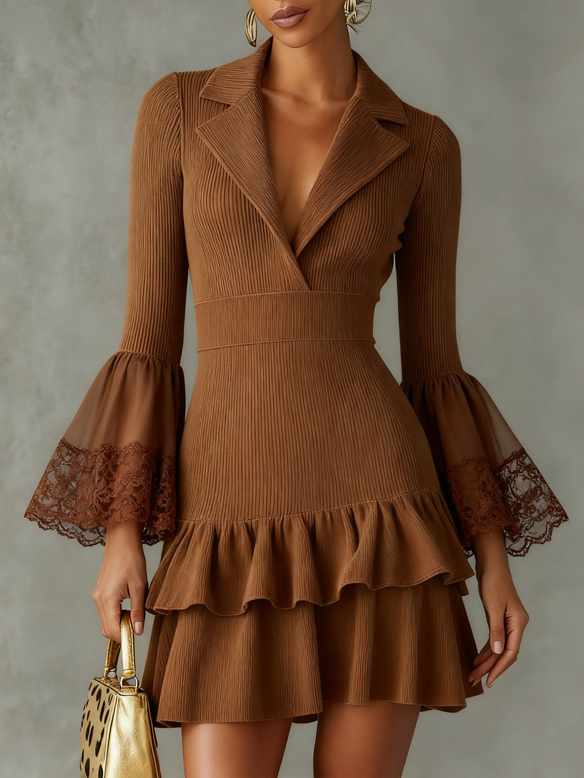 Brown Knit Mini Dress With Lace Cuffs And Ruffled Hem