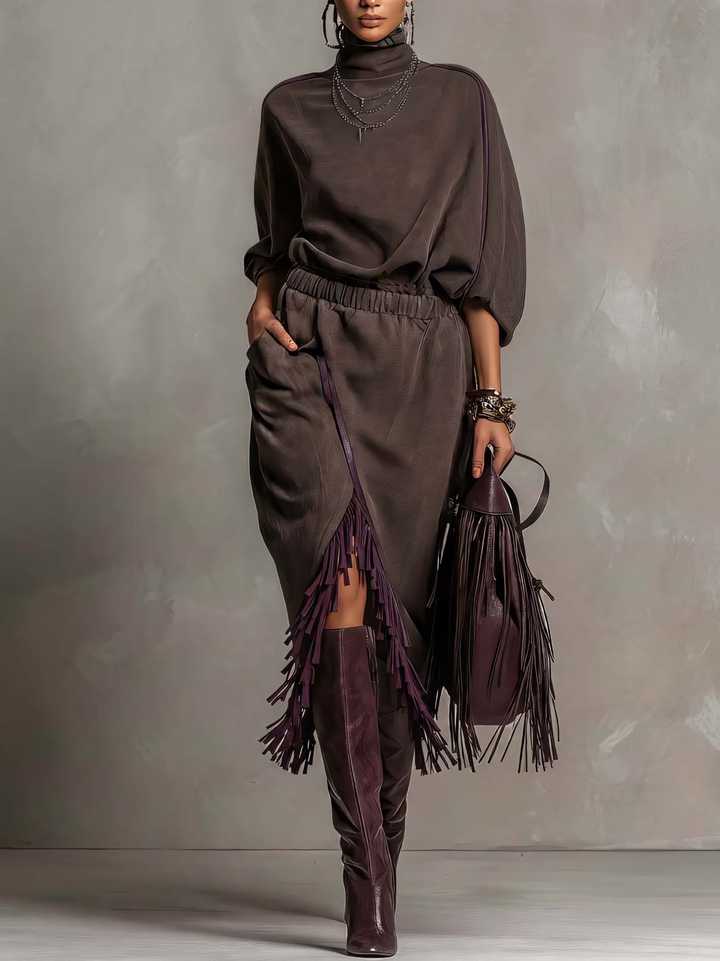 Dark Coffee Faux Suede Midi Dress With Purple Fringe Trim
