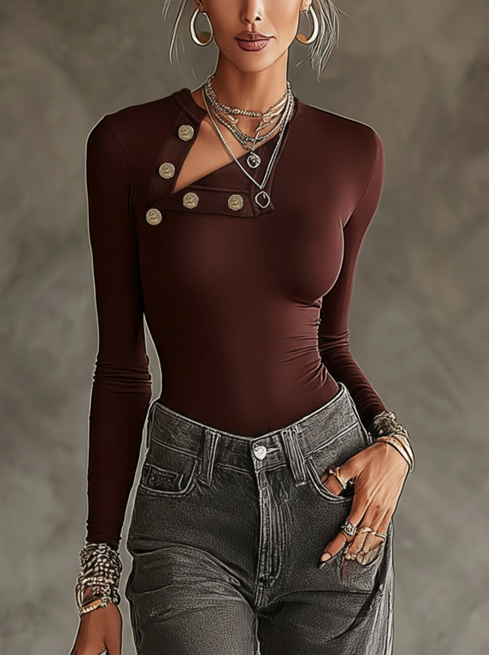 Brown Asymmetric Button Cutout Long Sleeve Shirt