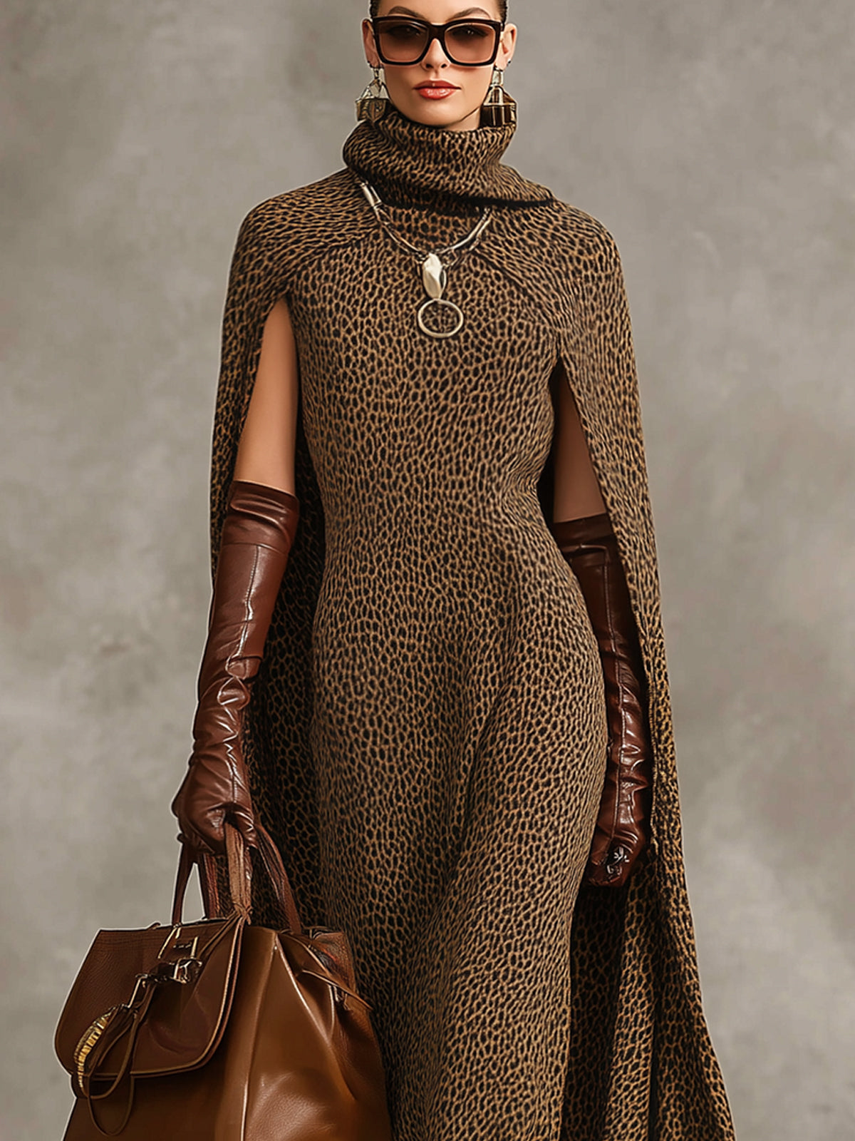 Brown Leopard Print Knit Cape Two Piece Set