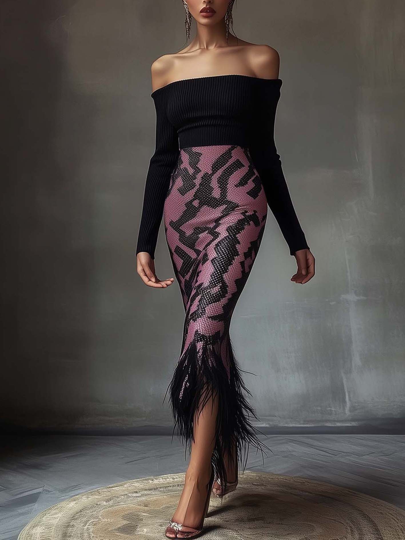 Off Shoulder Black Midi Bodycon Dress With Tassels And Snake Print