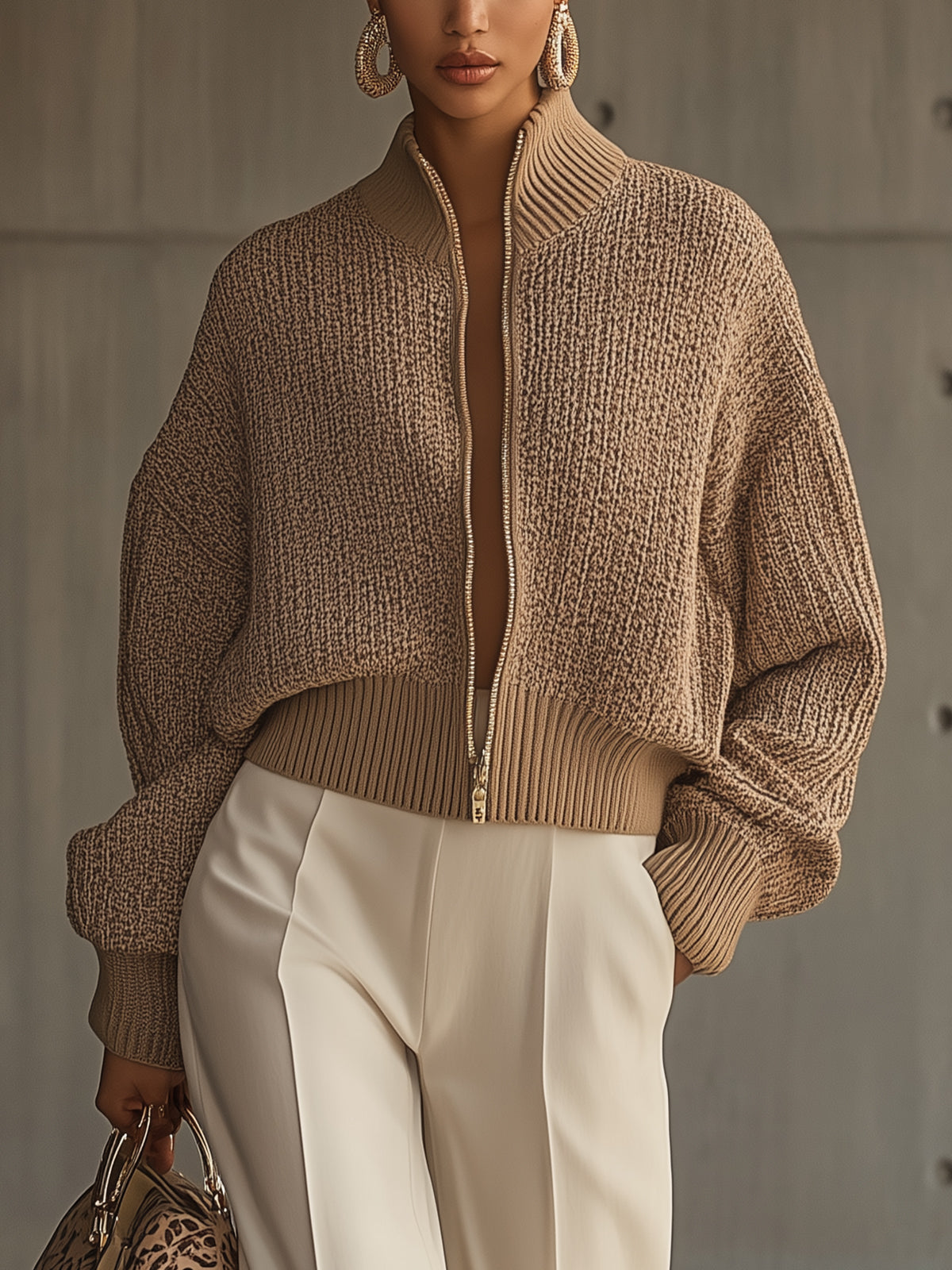 Beige Ribbed Zip-Up Knit Bomber Jacket