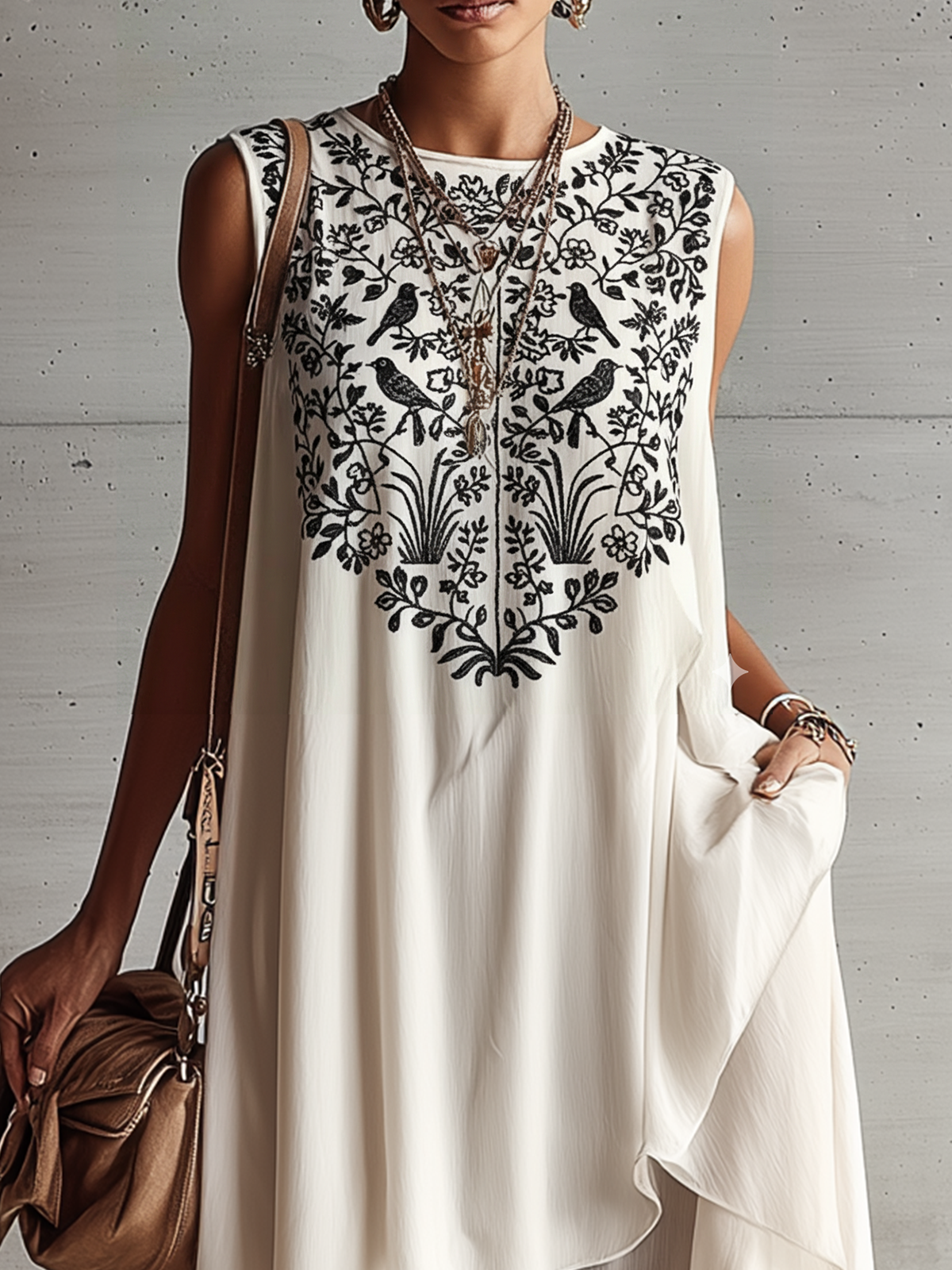 White Black Embroidered Asymmetric Chiffon Sleeveless Midi Dress