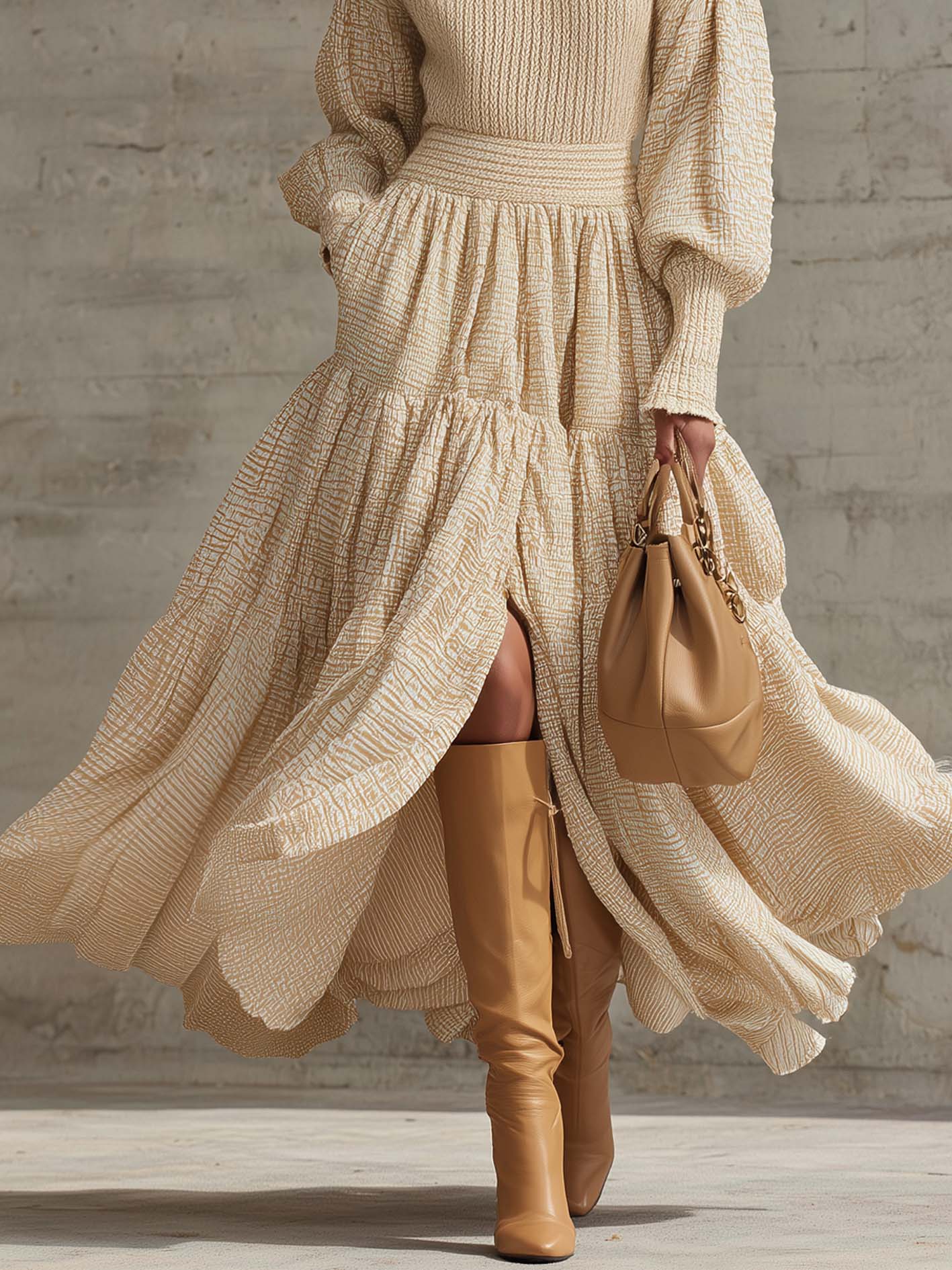 Beige Maxi Dress With Patchwork Knit Fabric