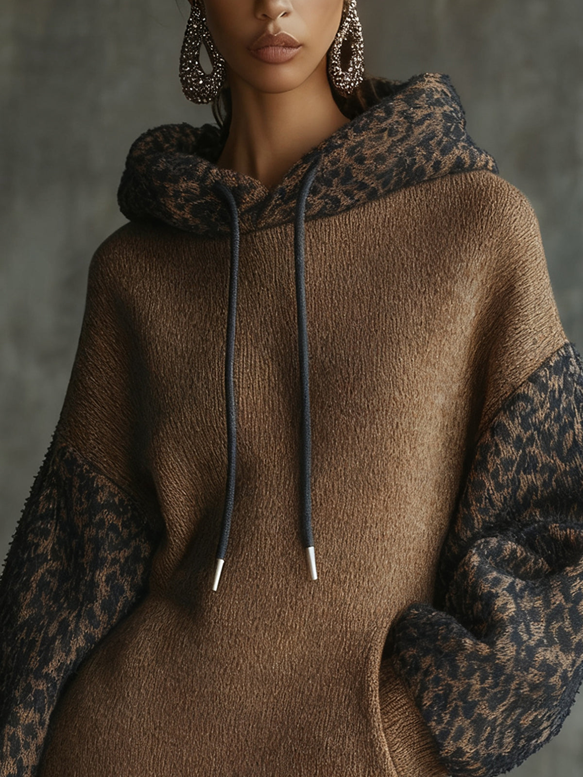 Brown Knitted Leopard Sleeve Hoodie Mini Dress