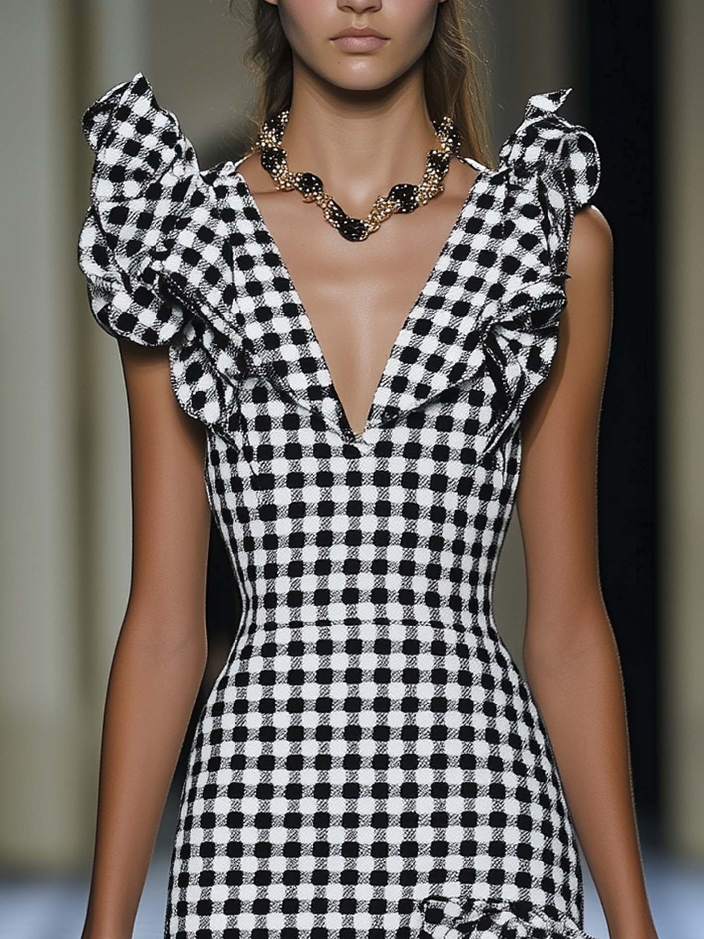 Black Midi Dress With Ruffles And Plaid