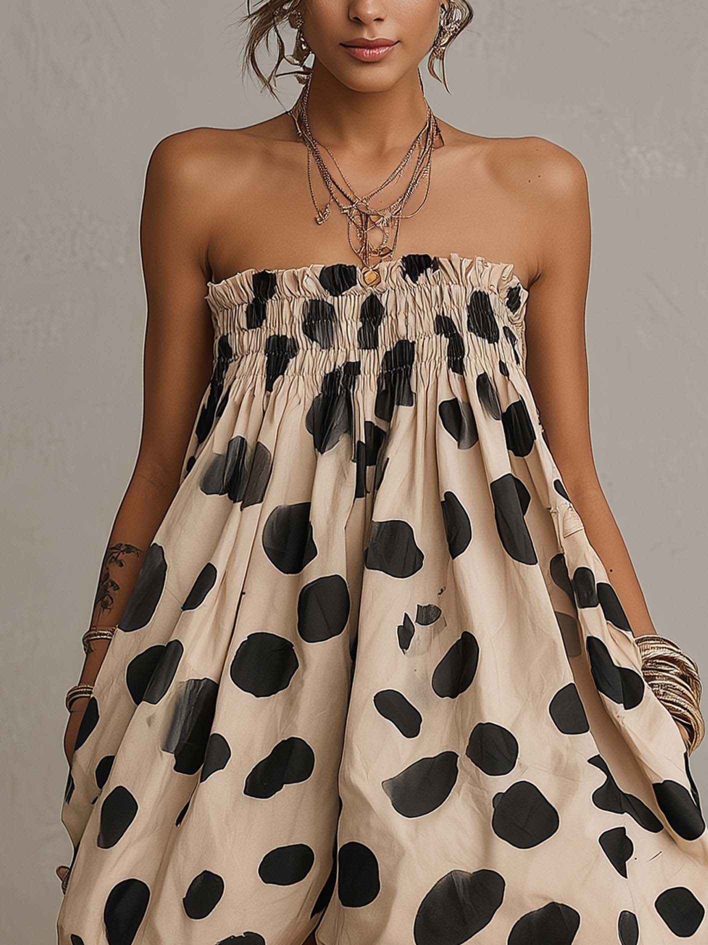 Beige Leopard Print Off Shoulder Bubble Hem Mini Dress