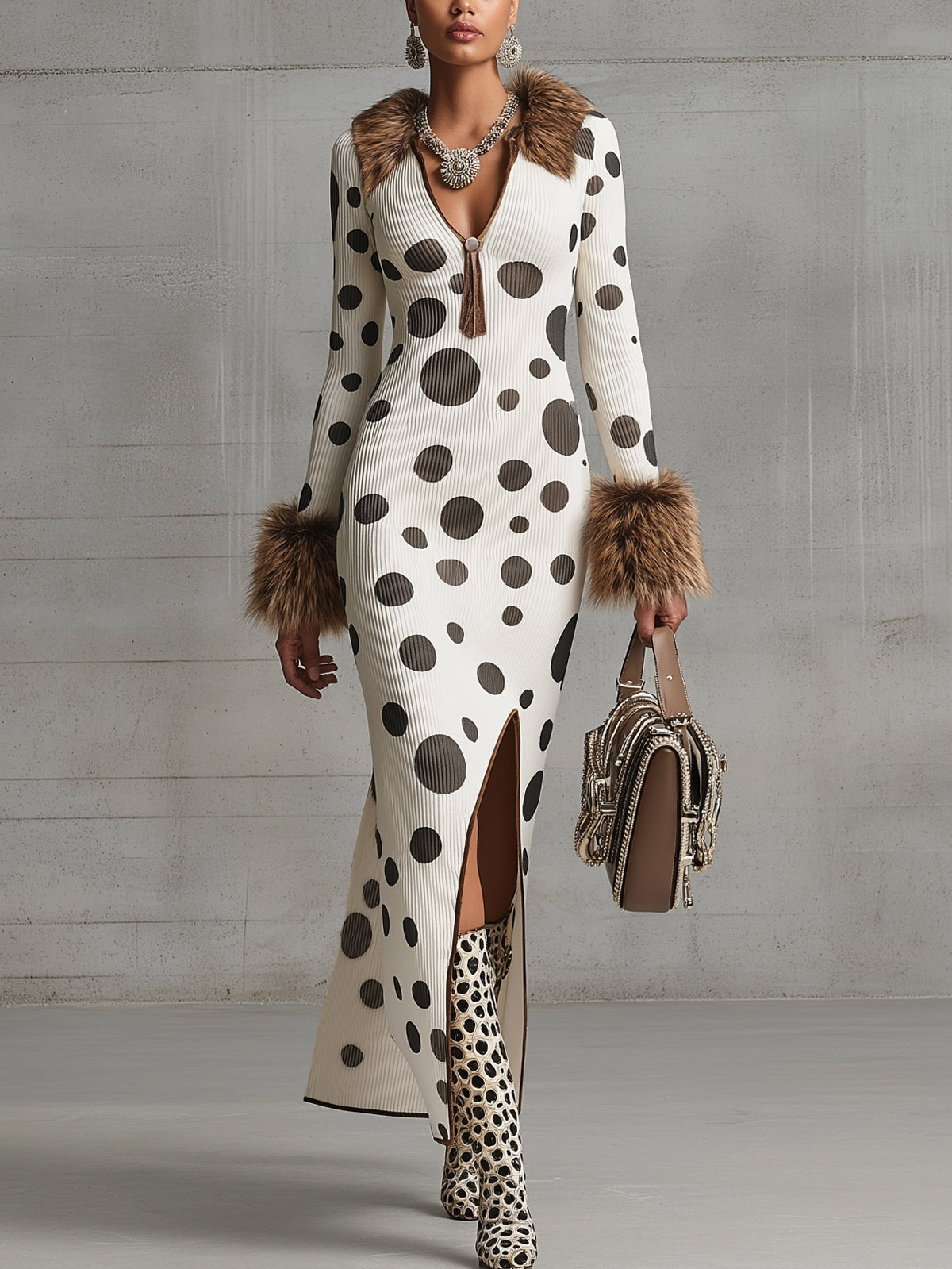 Ivory Ribbed Polka Dot Faux Fur Collar V-Neck Long Sleeve Maxi Dress