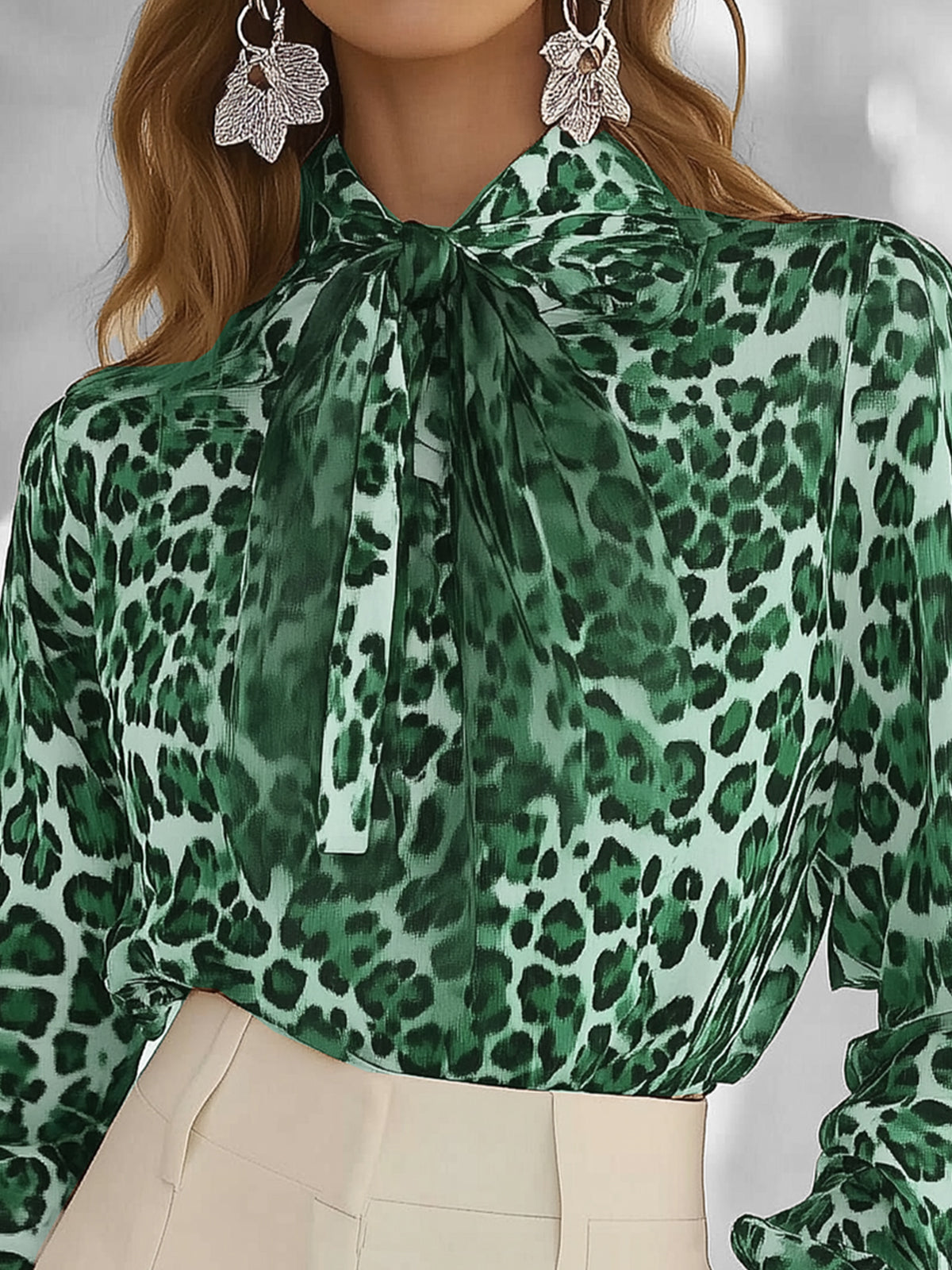 Green Leopard Print Chiffon Blouse With Tie Neck