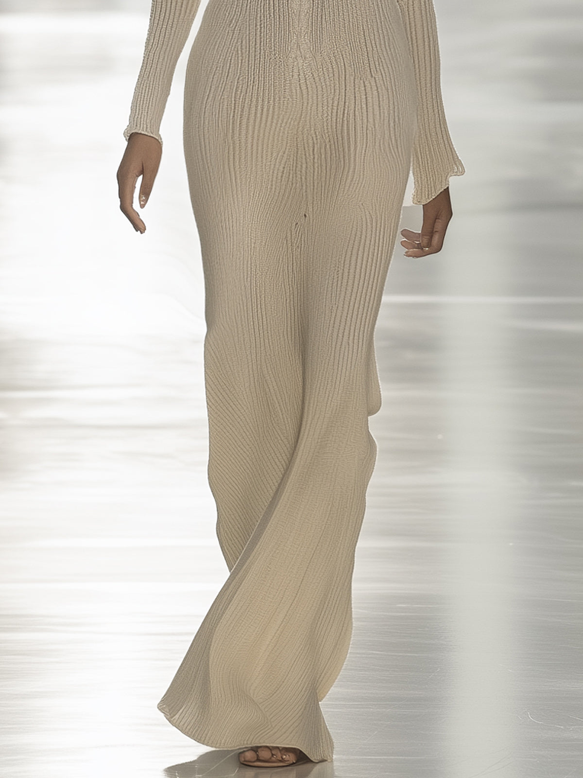 White Rib Knit V-Neck Keyhole Long Sleeve Maxi Dress