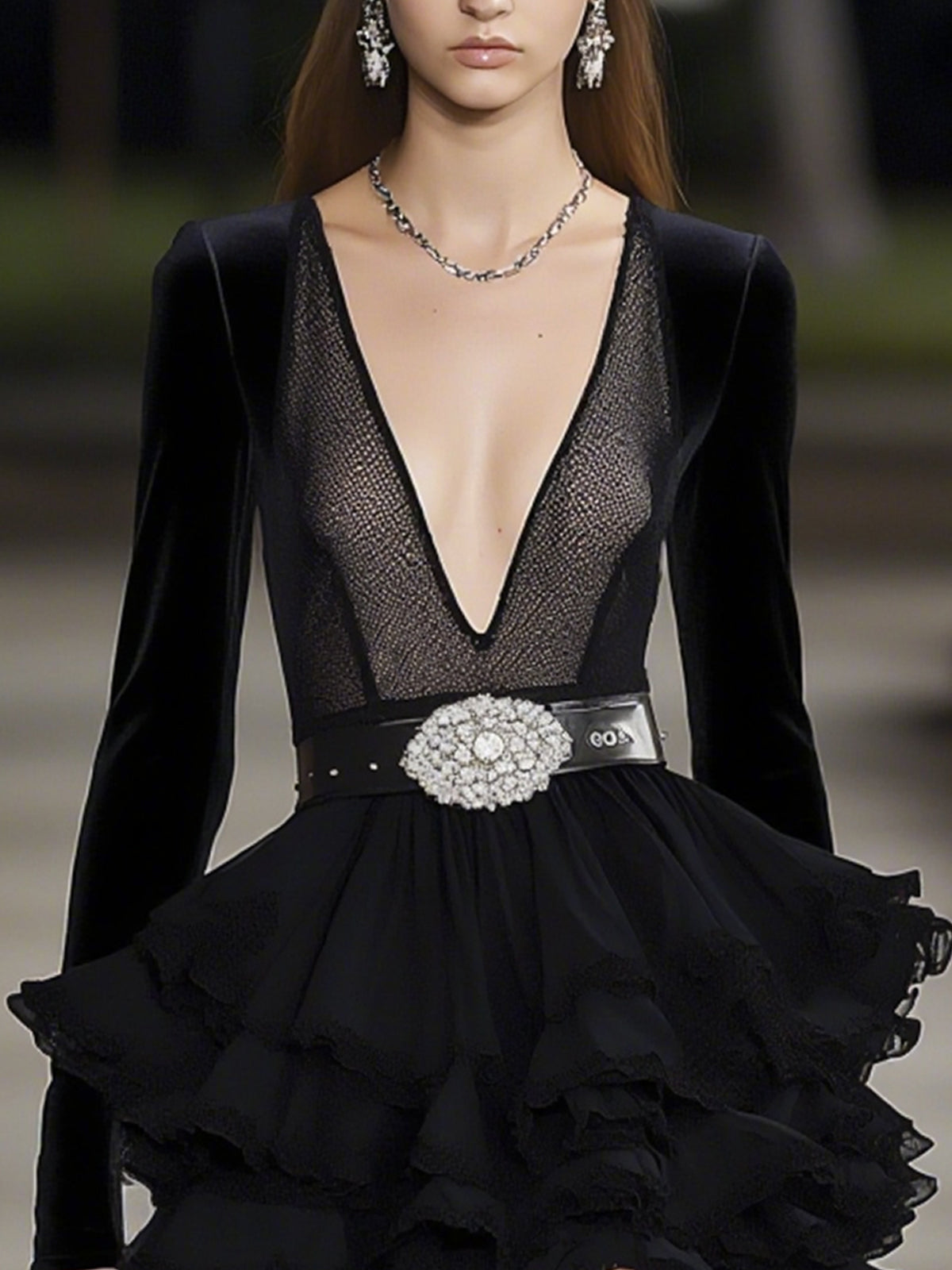 Black Deep V-Neck Ruffled Mini Dress With Mesh Paneling