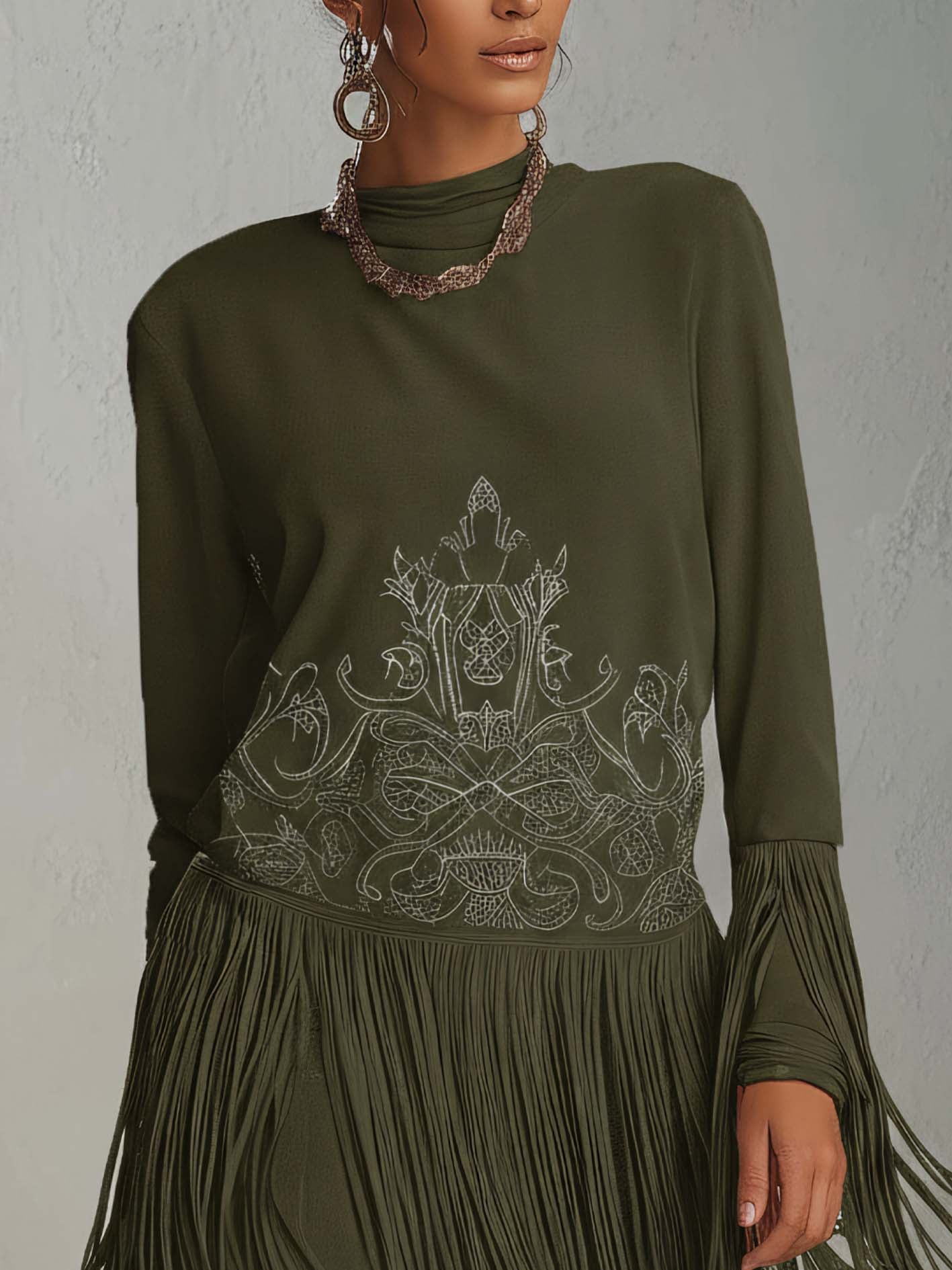 Olive Green Faux Suede Fringe Mini Dress With Vintage Embroidery