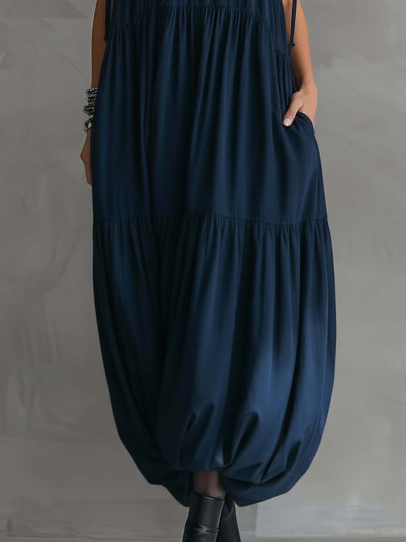 Navy Blue Cotton Linen Sleeveless Maxi Dress With Ruffled Chiffon Collar