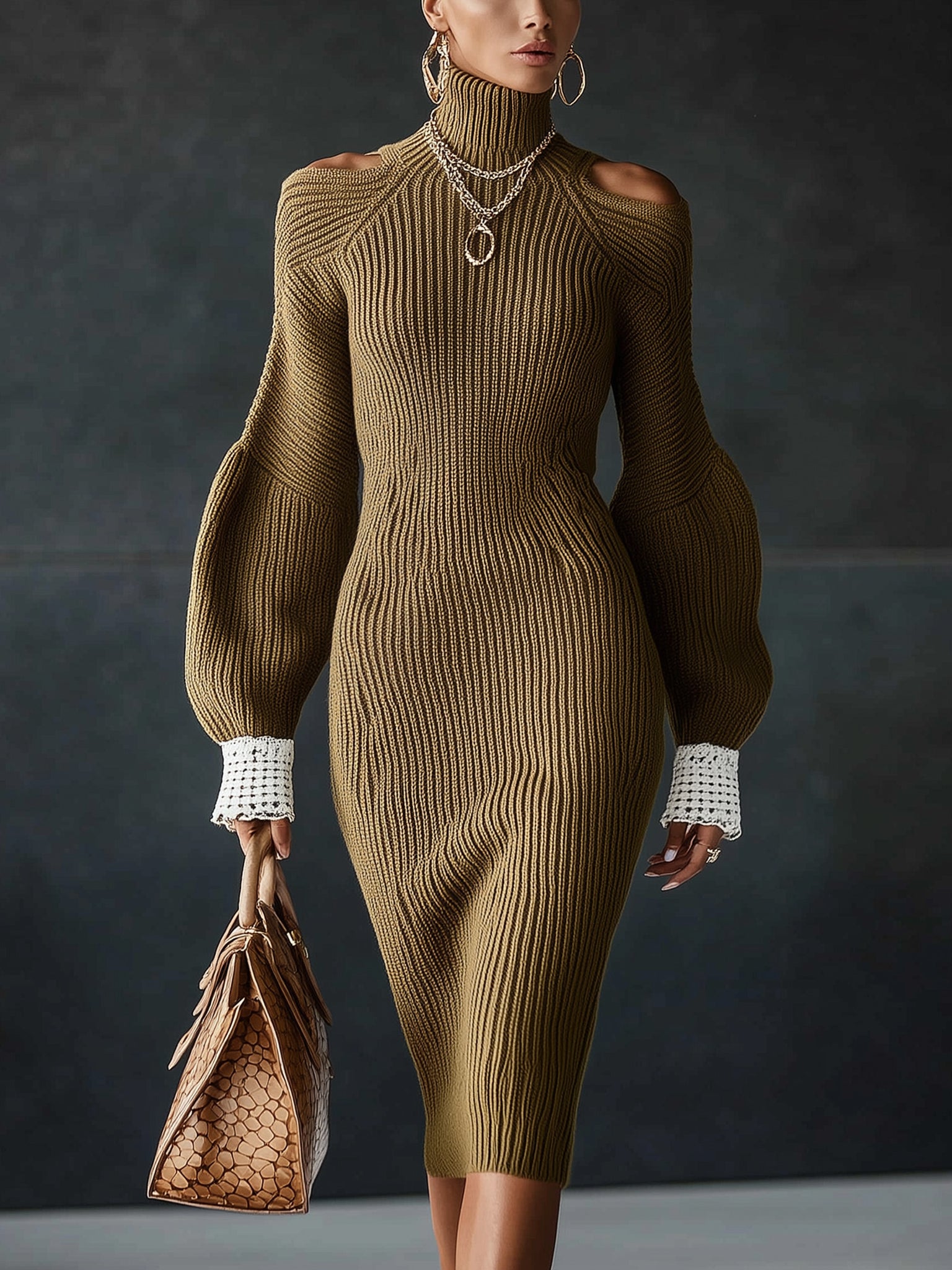 Olive Ribbed Knit Cold Shoulder Long Sleeve Bodycon Dress