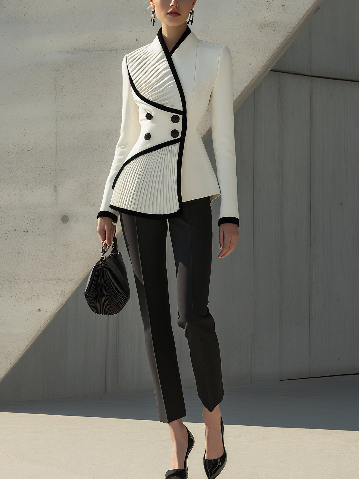 Asymmetric Pleated Contrast Blazer