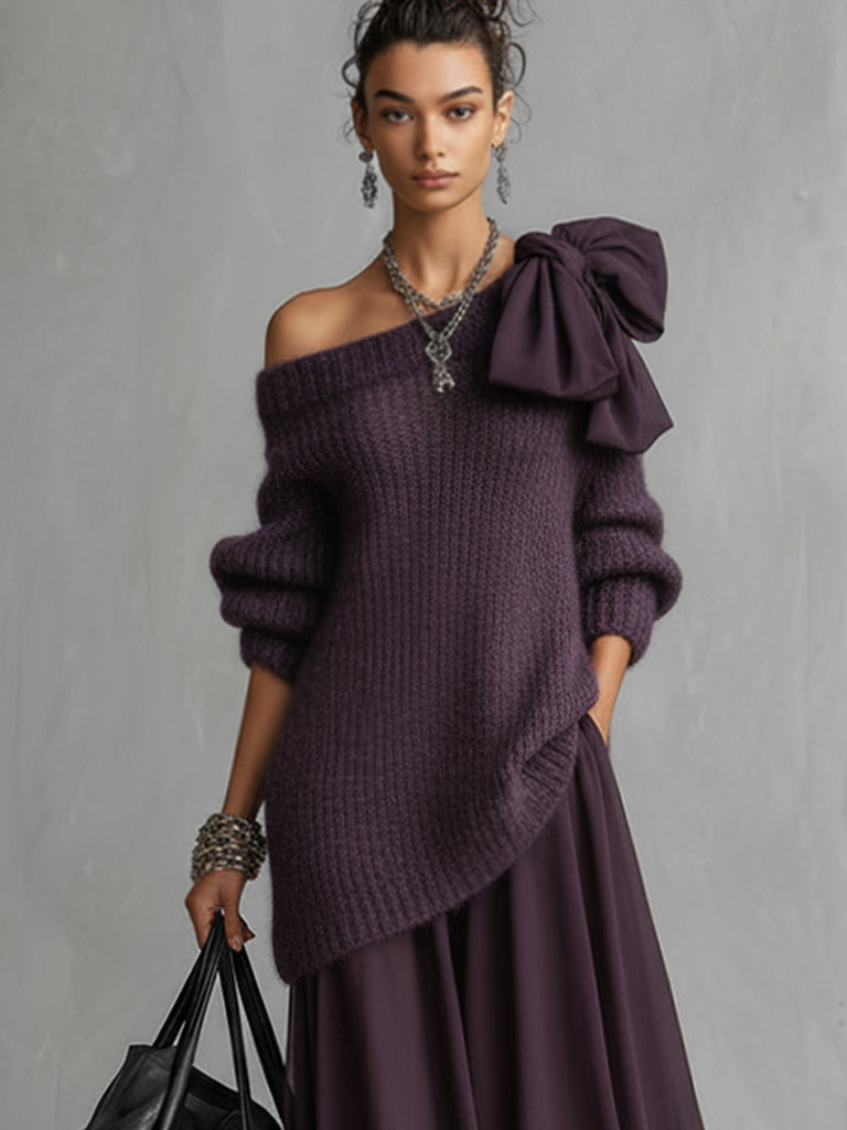 Dark Purple Knit Sweater And Chiffon Maxi Skirt Set