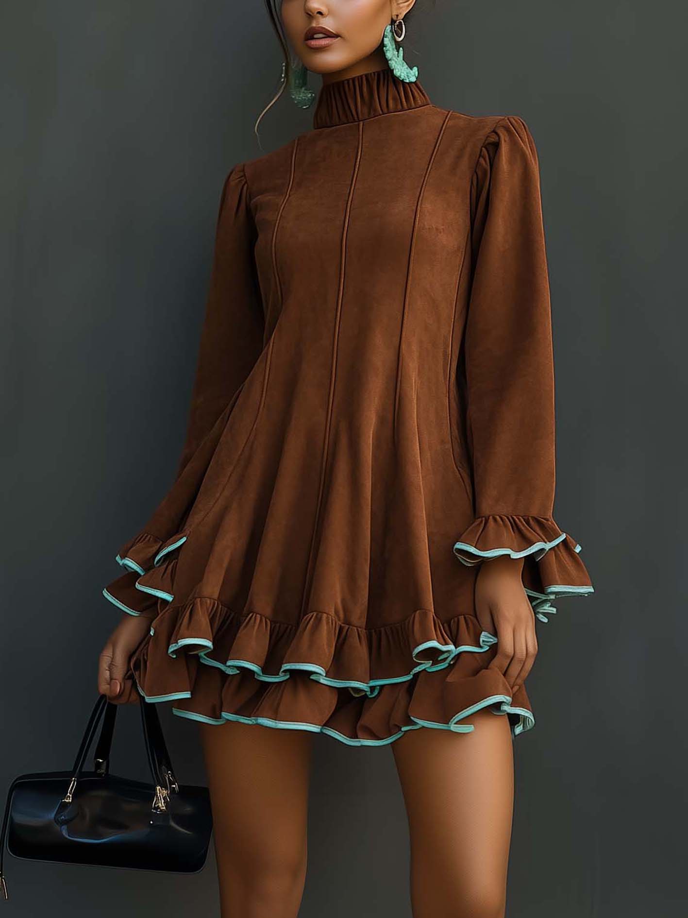 Brown Faux Suede Mini Dress With Mint Green Hem