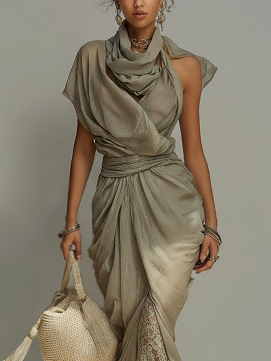 Green Asymmetric Scarf Collar Chiffon Lace Maxi Dress