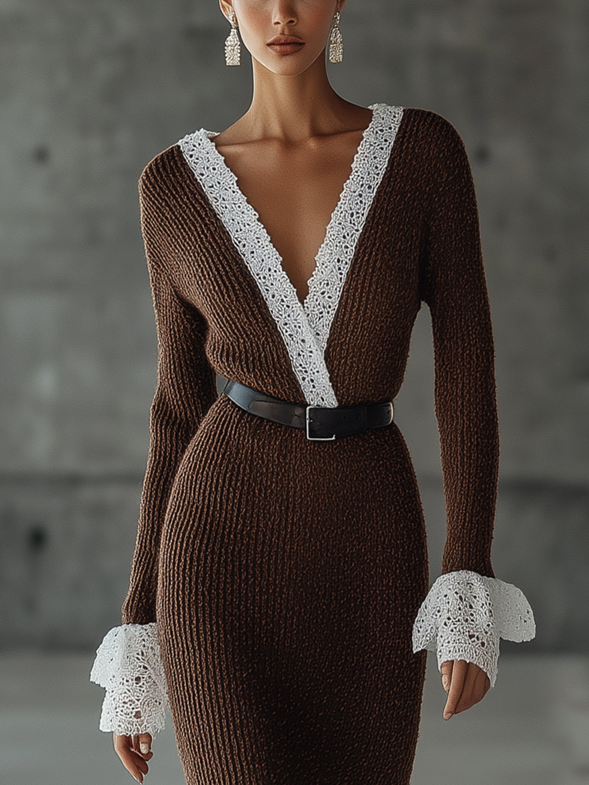 Chocolate Knit Lace-Trim Dress
