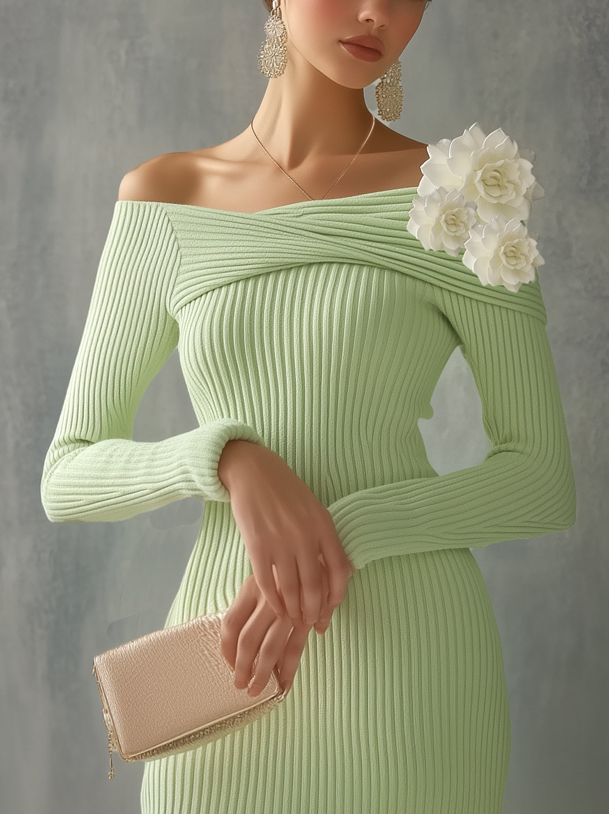 Green Ribbed Knit Off Shoulder Long Sleeve Midi Dress