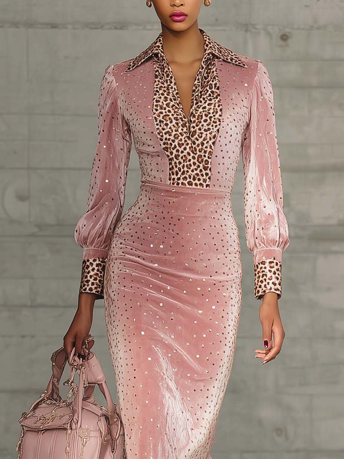Pink Velvet Bodycon Dress With Sequined Leopard Print Accents