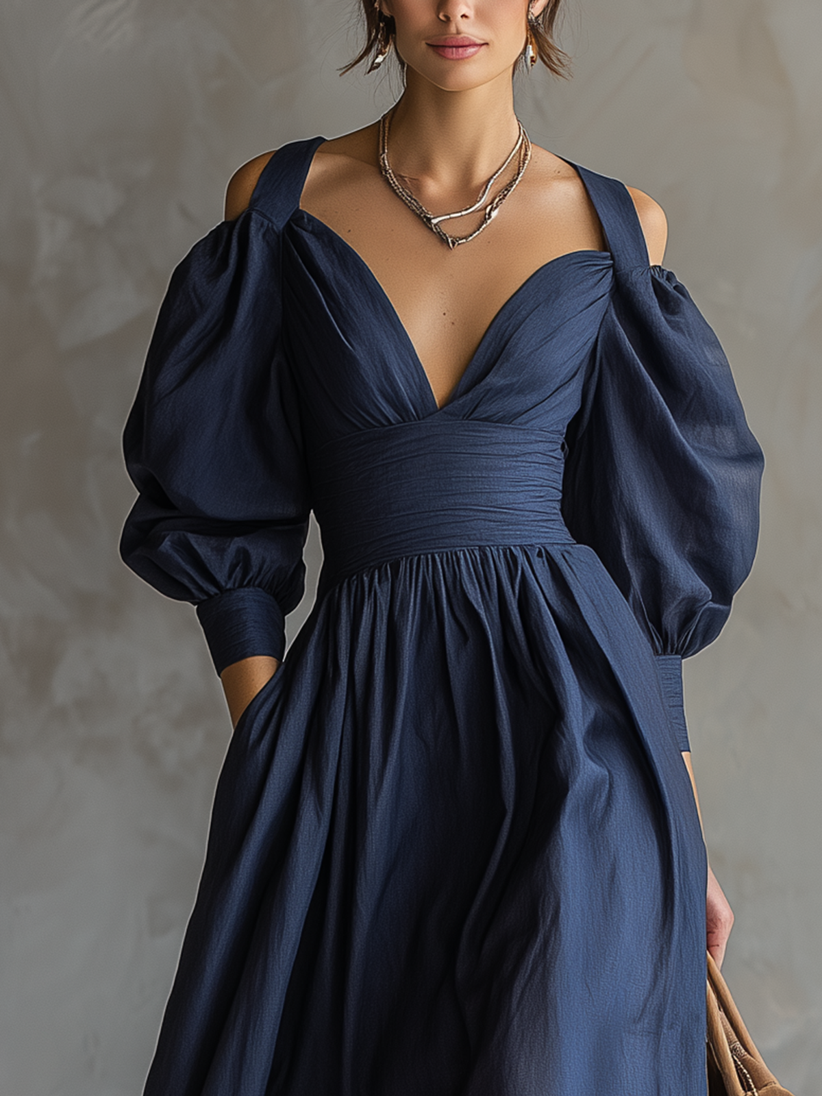 Midnight Navy Puff-Sleeve Cutout Chiffon Midi Dress