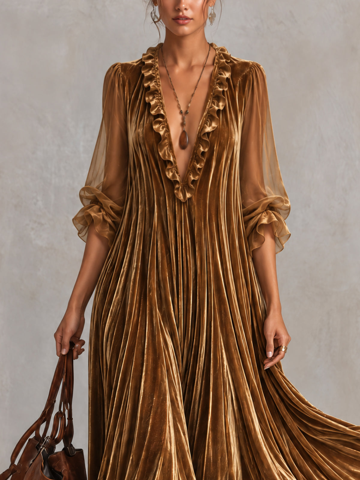 Gold Velvet Deep V-Neck Ruffle Trim Sheer Chiffon Sleeve Swing Midi Dress