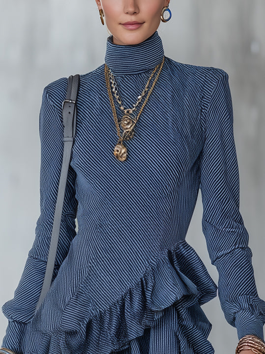 Blue Striped Ruffled High-Neck Mini Dress With Layered Hem